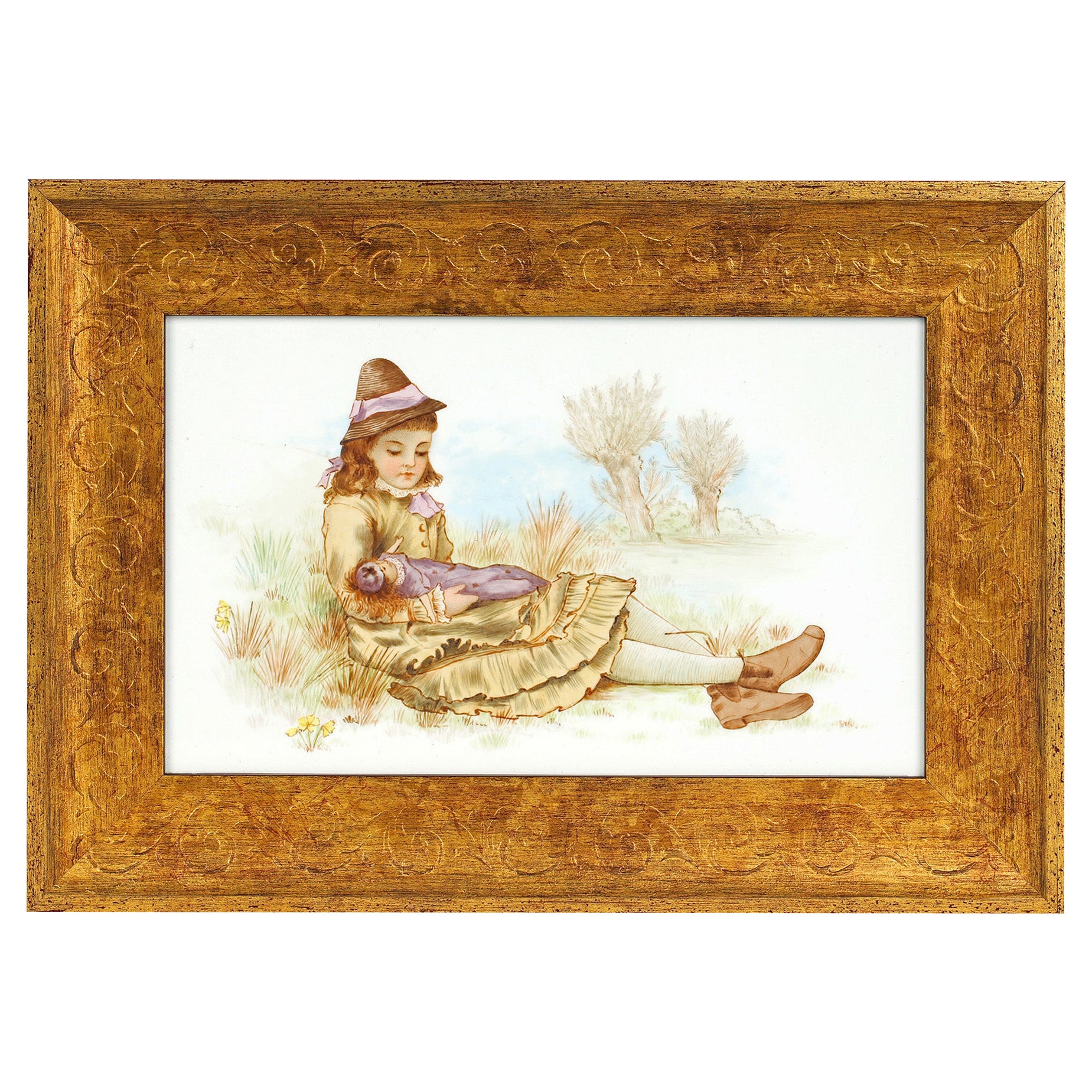 Catherine Vargas Doulton Lambeth Fayence Hand gemalt gerahmte Plakette, 1877 im Angebot