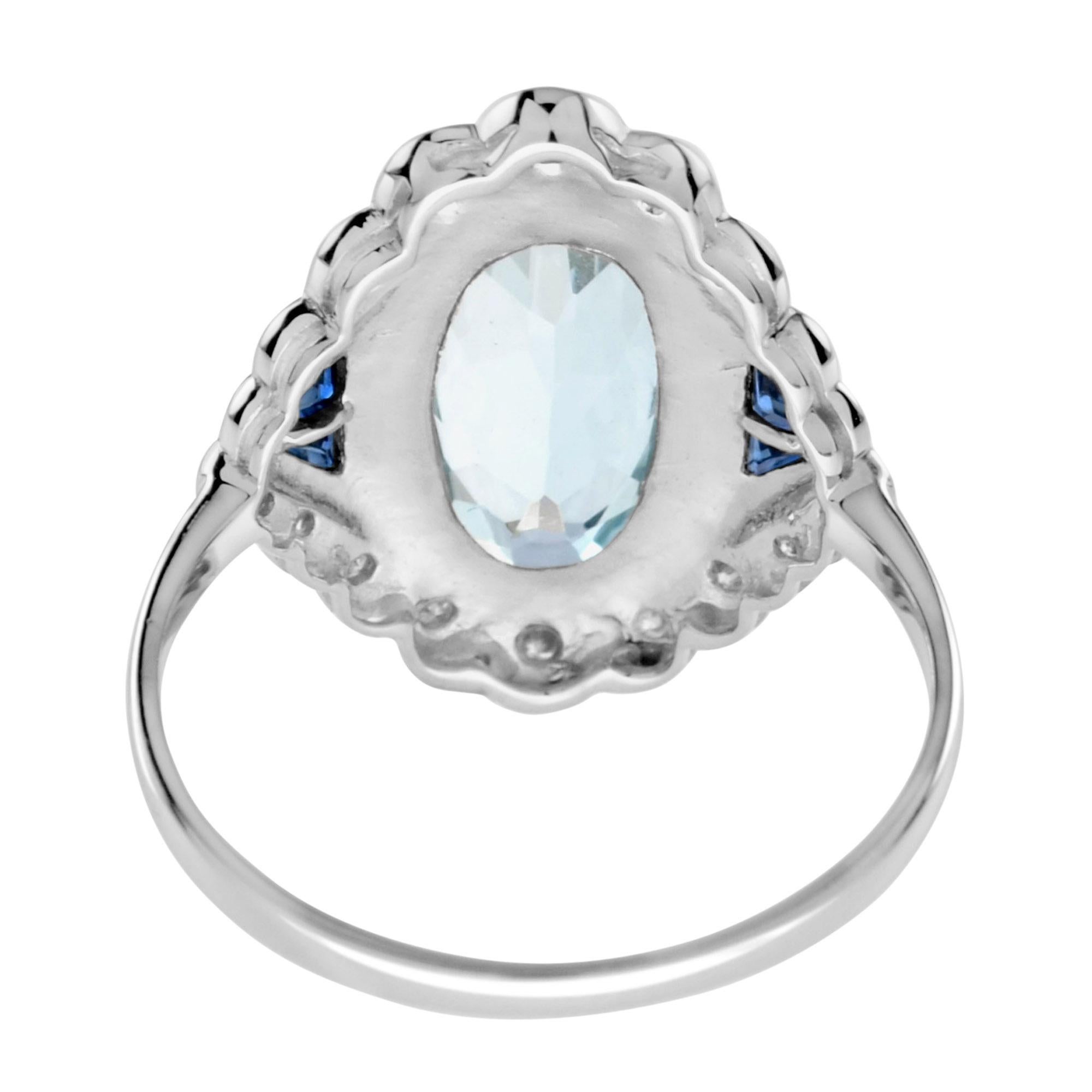 For Sale:  Vintage Style Oval Aquamarine with Sapphire and Diamond Ring in 18K Gold 4