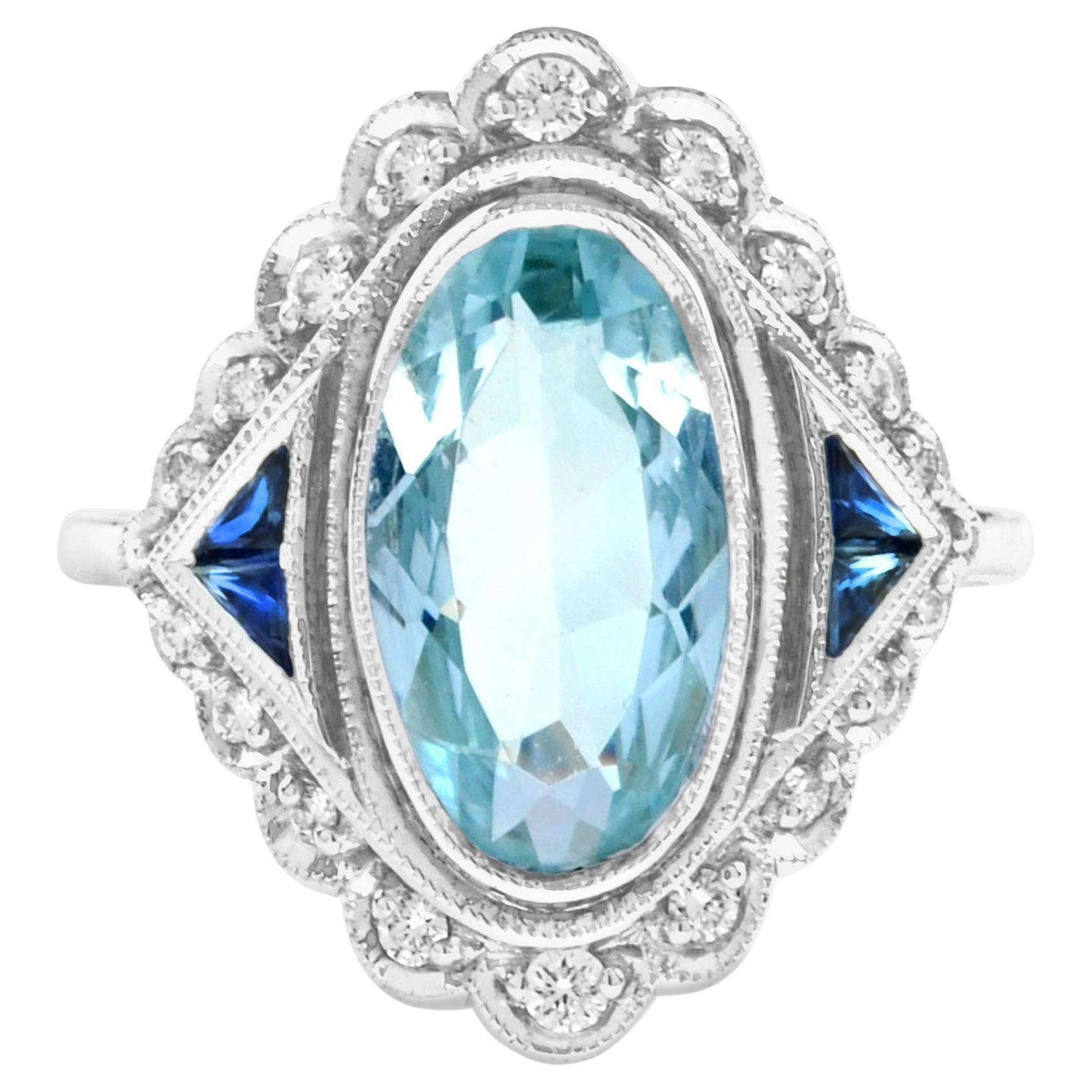 Vintage Style Oval Aquamarine with Sapphire and Diamond Ring in 18K Gold