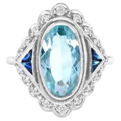 Ovaler Aquamarin-Ring im Vintage-Stil mit Saphir und Diamant aus 18 Karat Gold