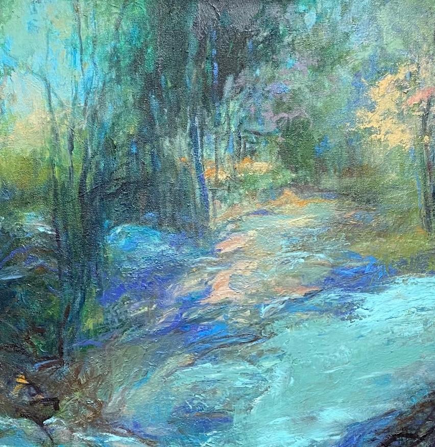 Off the Path, paysage expressionniste abstrait original 30x30 - Expressionnisme abstrait Painting par Catherine Wagner Minnery