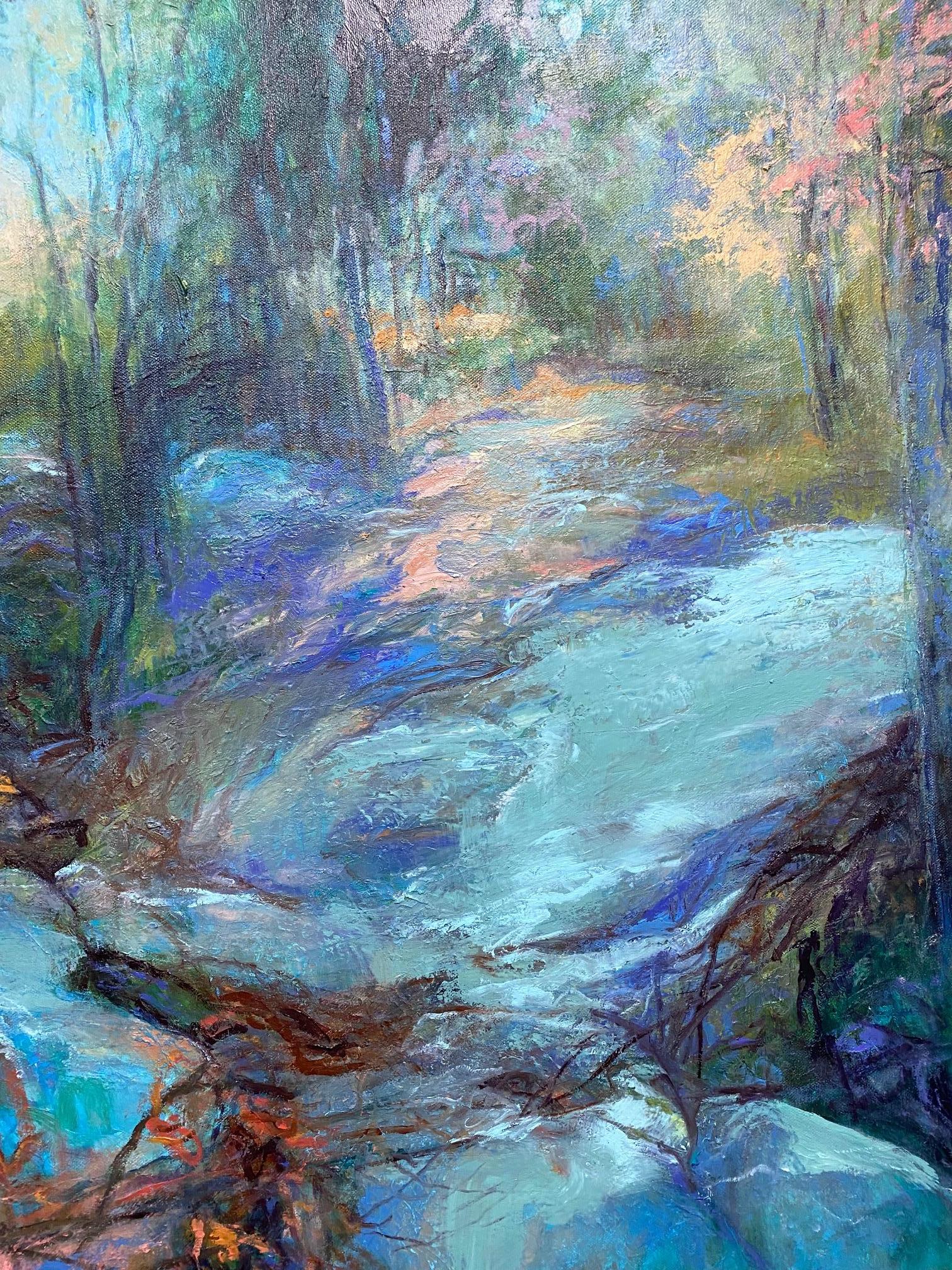 Off the Path, paysage expressionniste abstrait original 30x30 - Gris Abstract Painting par Catherine Wagner Minnery