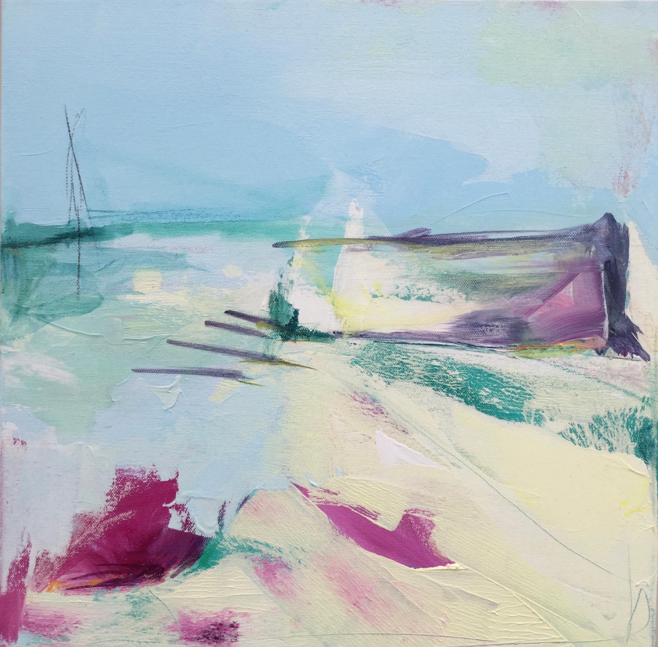 Catherine Warren Landscape Painting - Beach Bar BY CATHERINE WARREN, Bright Art, Seascape Art, Abstract Painting