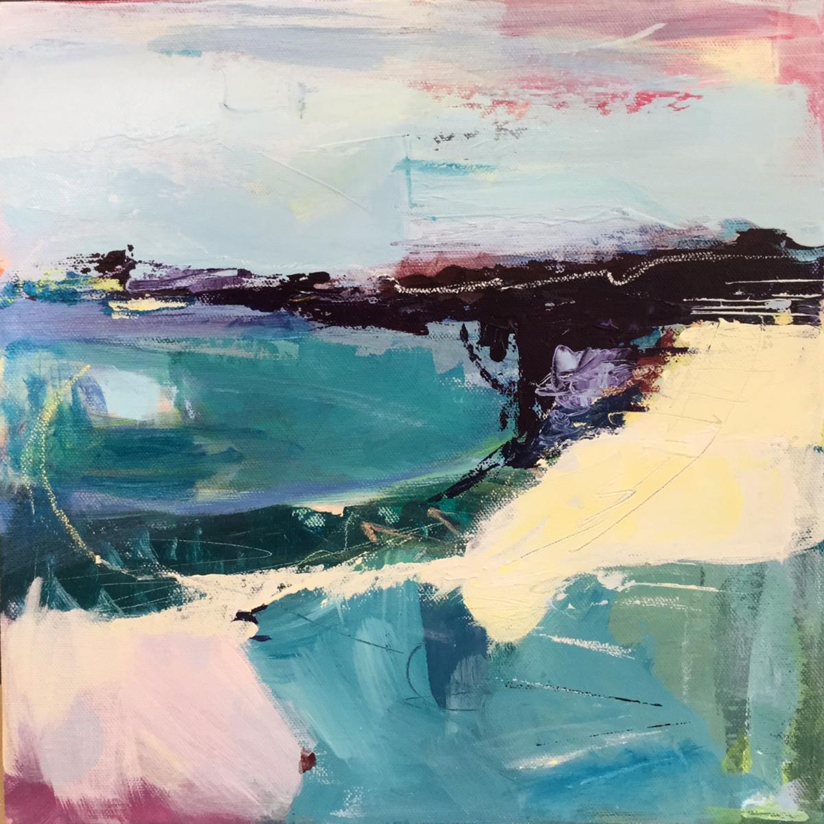 Abstract Painting de Catherine Warren - Bahía Púrpura CATHERINE WARREN, Arte abstracto brillante, Pintura contemporánea de paisajes marinos