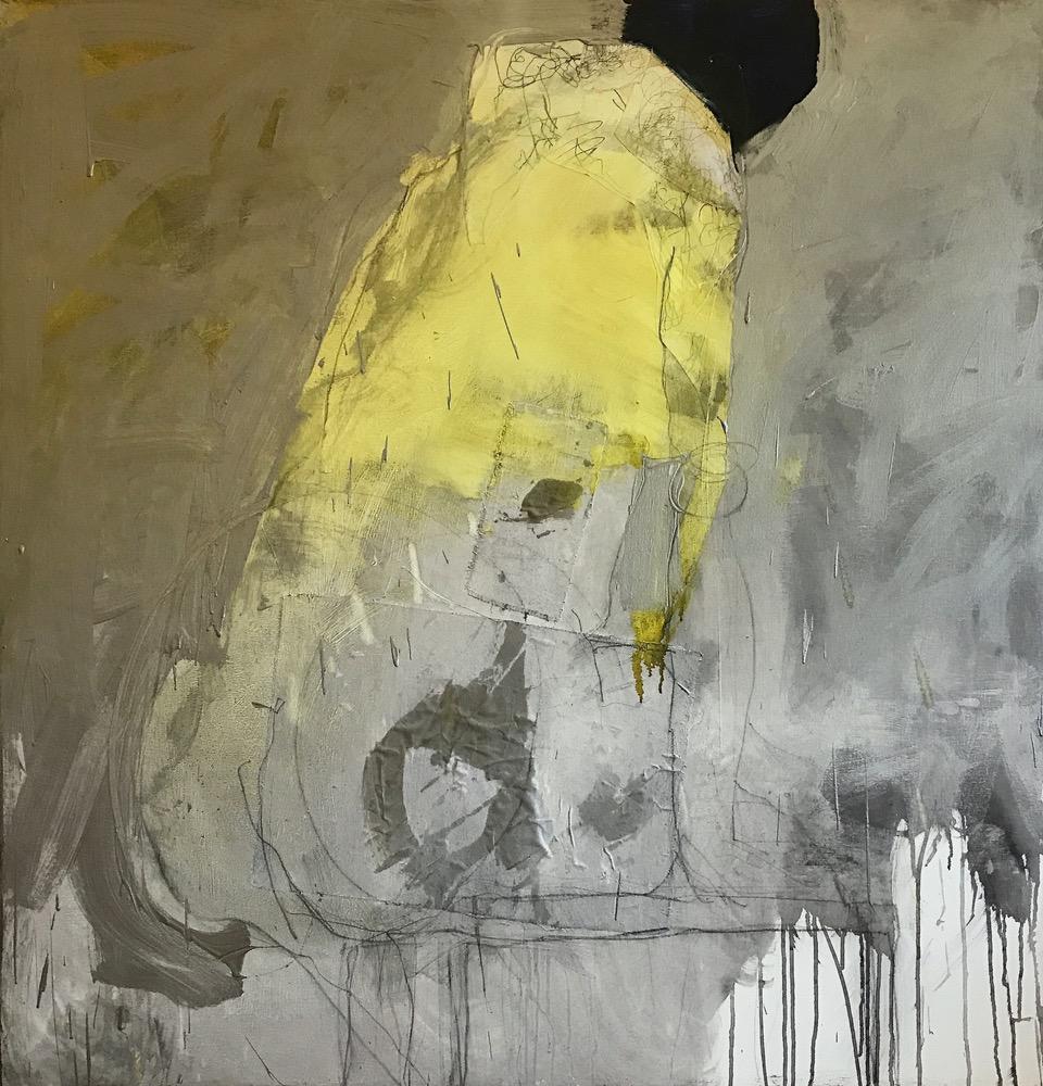 Sitting Nude Gray Gold - Painting by Catherine Woskow