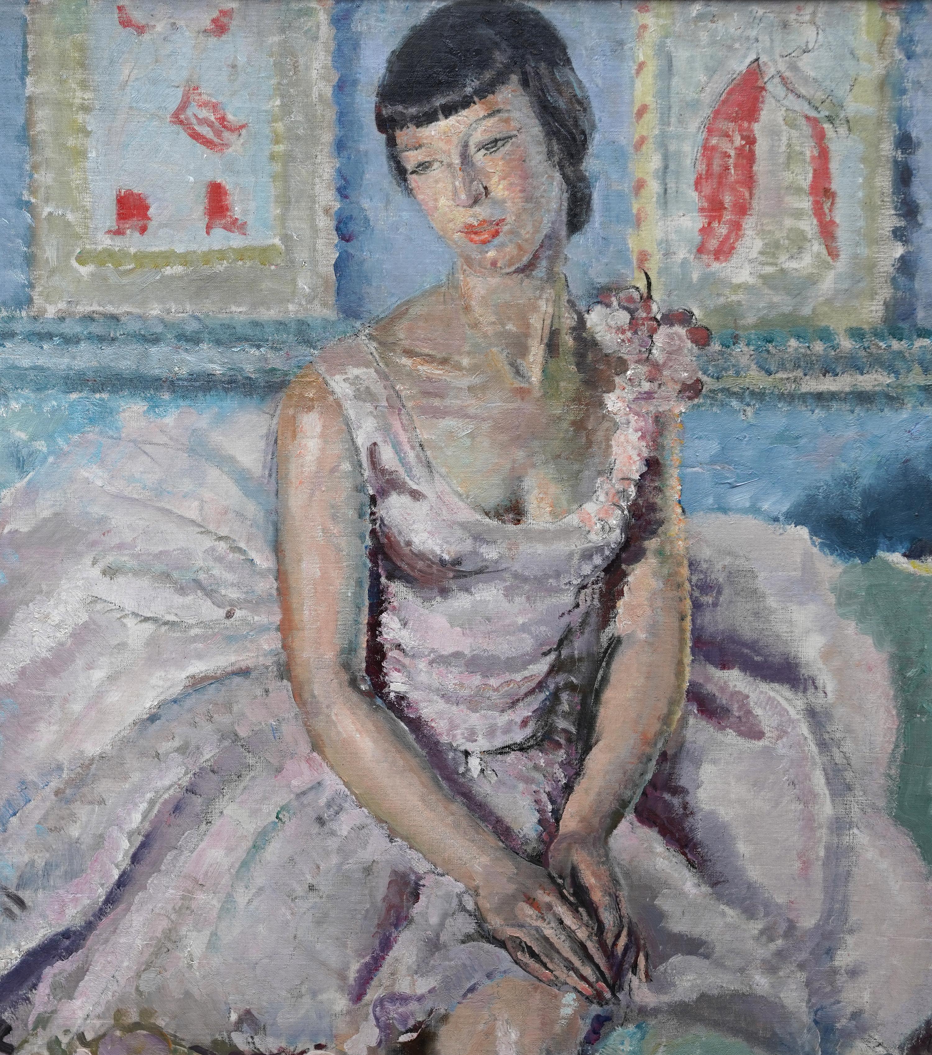 Portrait of a Ballerina - British 1930's Post Impressionist art oil painting - Post-Impressionist Painting by Cathleen Mann
