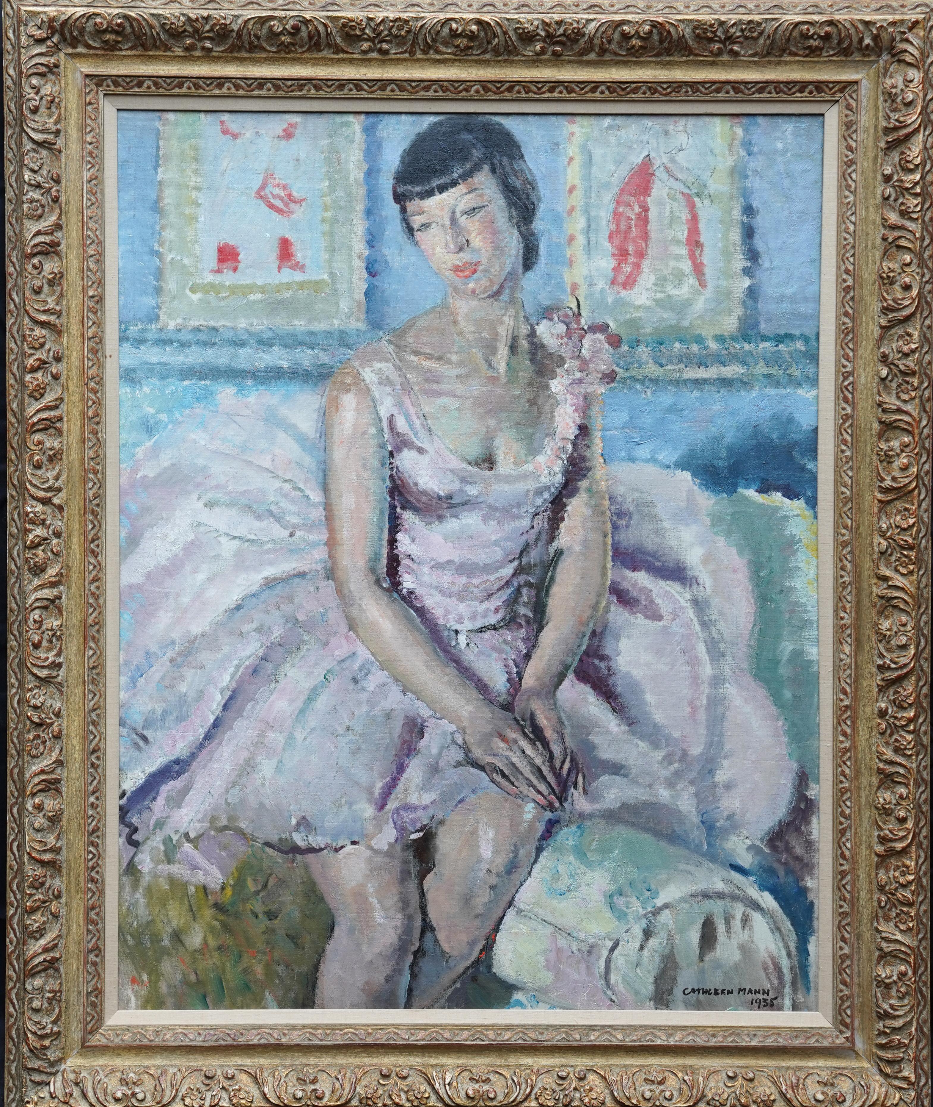 Cathleen Mann Portrait Painting - Portrait of a Ballerina - British 1930's Post Impressionist art oil painting