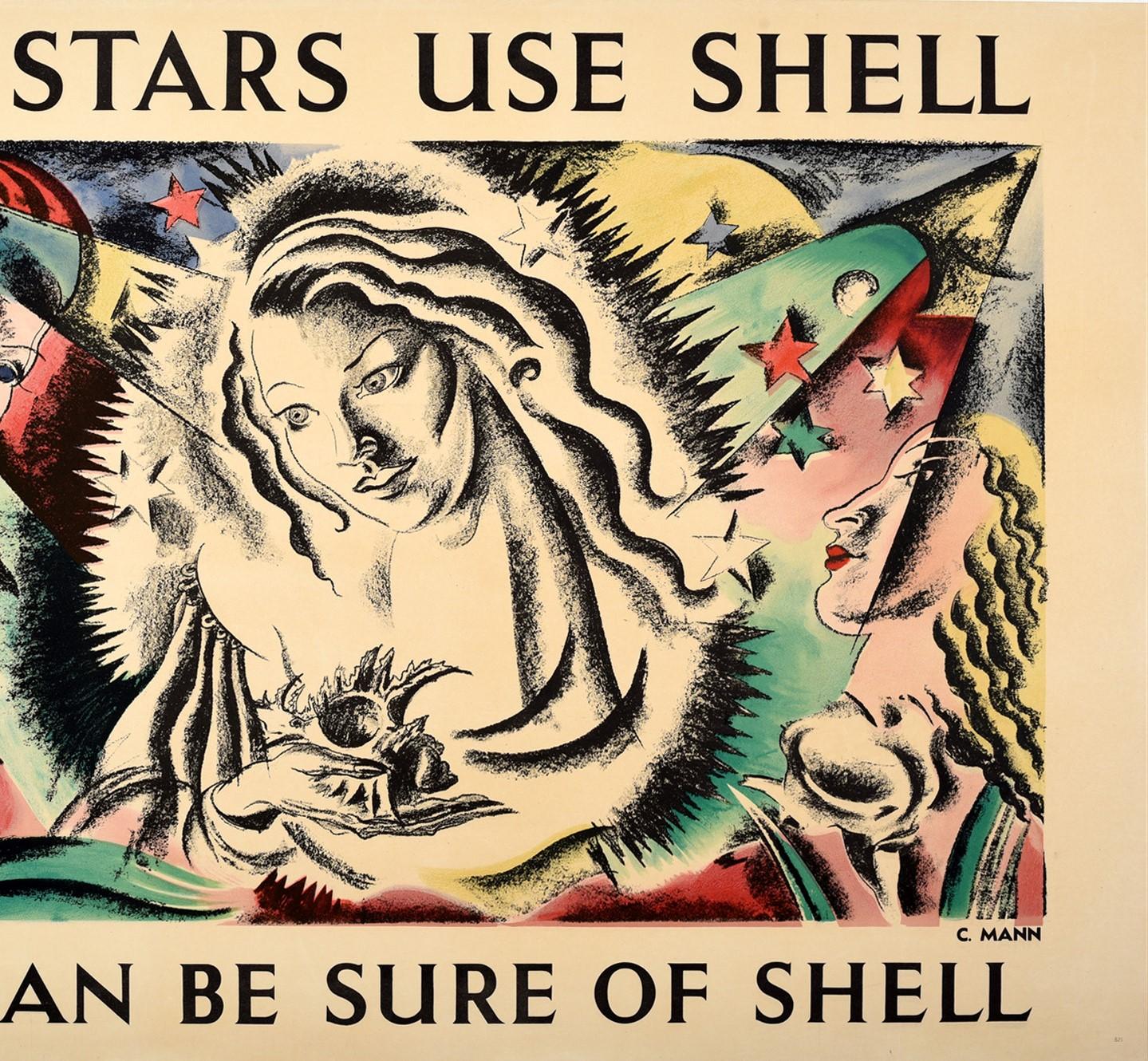 Affiche publicitaire vintage originale - Film Stars Use Shell You Can Be Sure Of Shell - présentant une œuvre d'art colorée de Cathleen Sabin Mann (1896-1959) représentant une élégante dame dans des tons de noir et de blanc au centre et deux dames