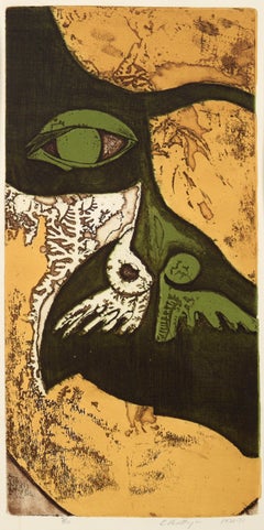 Face with a Mustache – Abstrakte Lithographie von Cathleen Panttaja