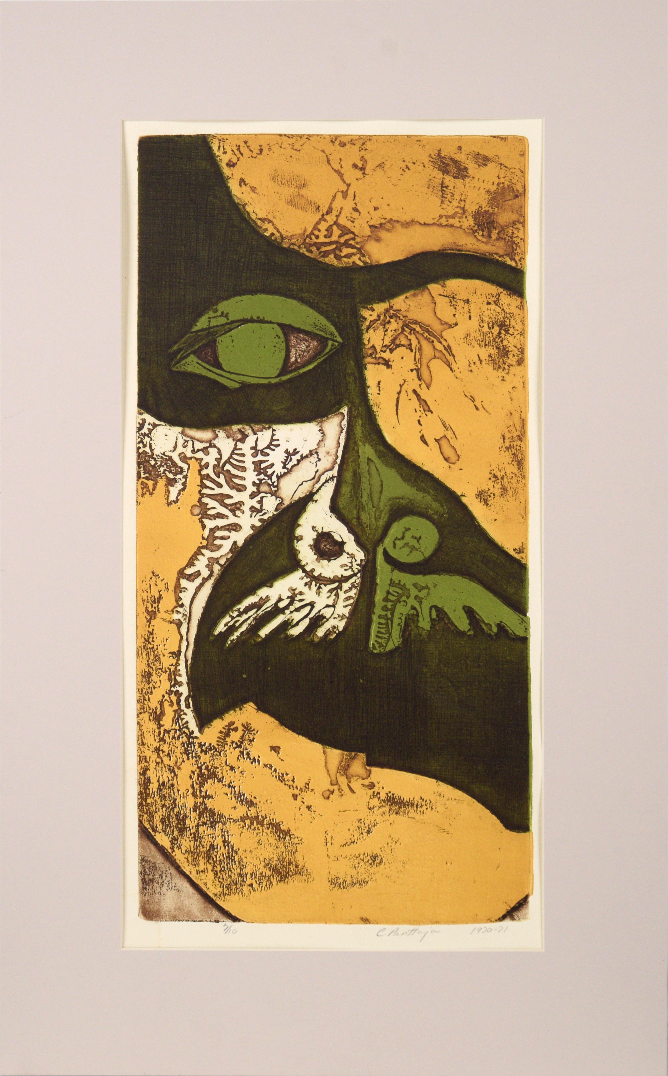 Face with a Mustache - Abstracted Lithograph by Cathleen Panttaja
Hip Woodcut Print done at the height of the Flower Power 60s, of a man with a large Moustache. Cathleen Panttaja (American, 1949-2021.
Cathy was a Berkeley Two year student 1967-1968