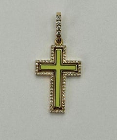 Catholic Cross Petite Harmony . Yellow gold , Anis enamel and Diamonds