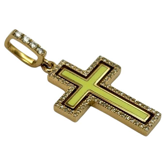 Catholic Cross Petite Harmony . Yellow gold , Anis enamel and Diamonds