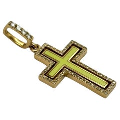Catholic Cross Petite Harmony . Yellow gold , Anis enamel and Diamonds