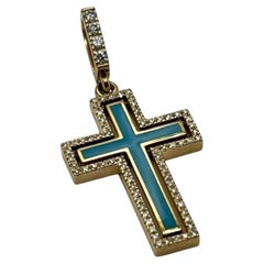 Catholic Cross Petite Harmony , Yellow gold, Turquoise enamel and diamonds