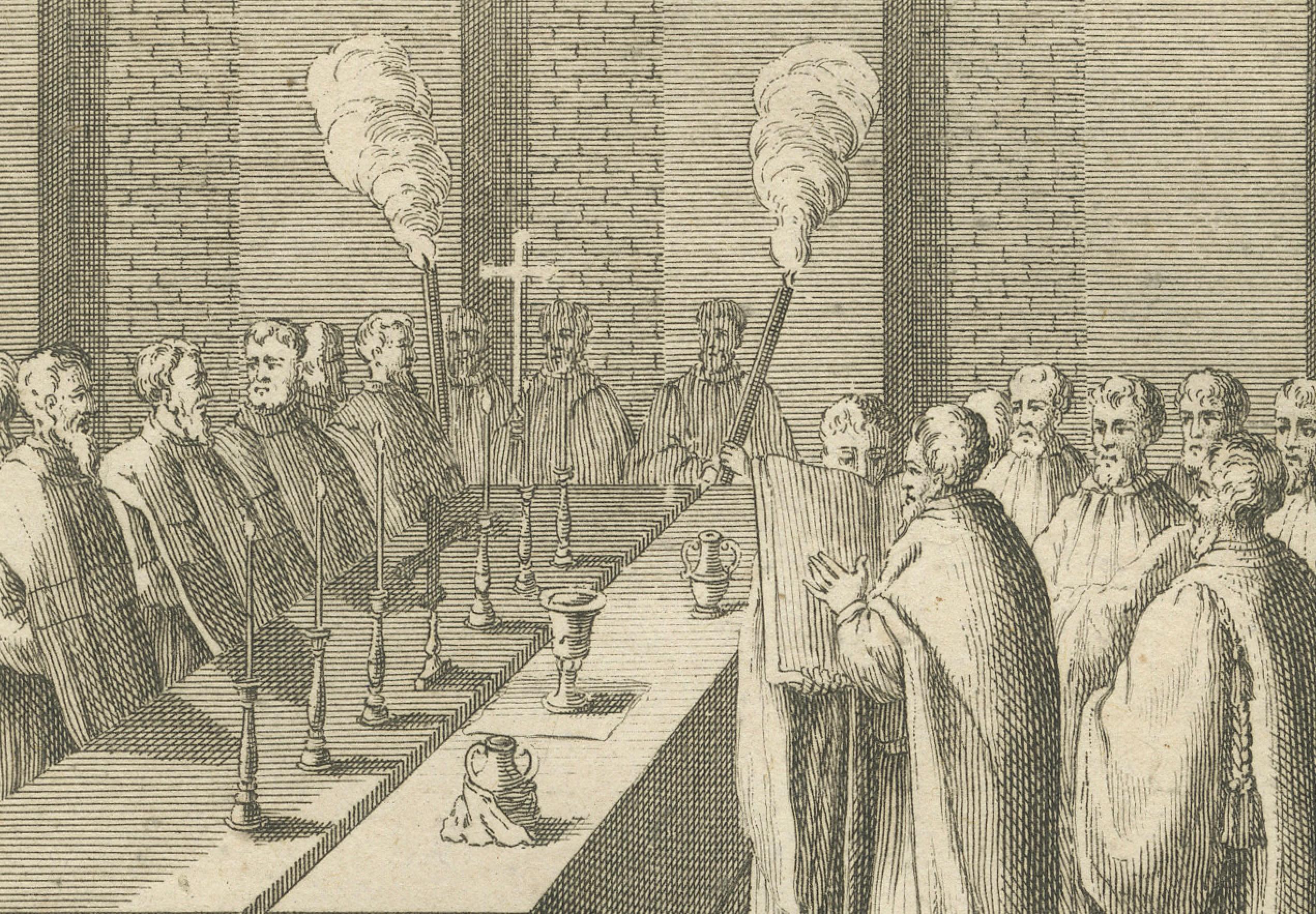 Titel: Katholisch-bischöfliche Riten - Seltener Kupferstich von 1734 zu den zeremoniellen Pflichten des Bischofs

Beschreibung:
Dieser fein ausgeführte Kupferstich aus dem 18. Jahrhundert zeigt sechs verschiedene kirchliche Szenen, die die