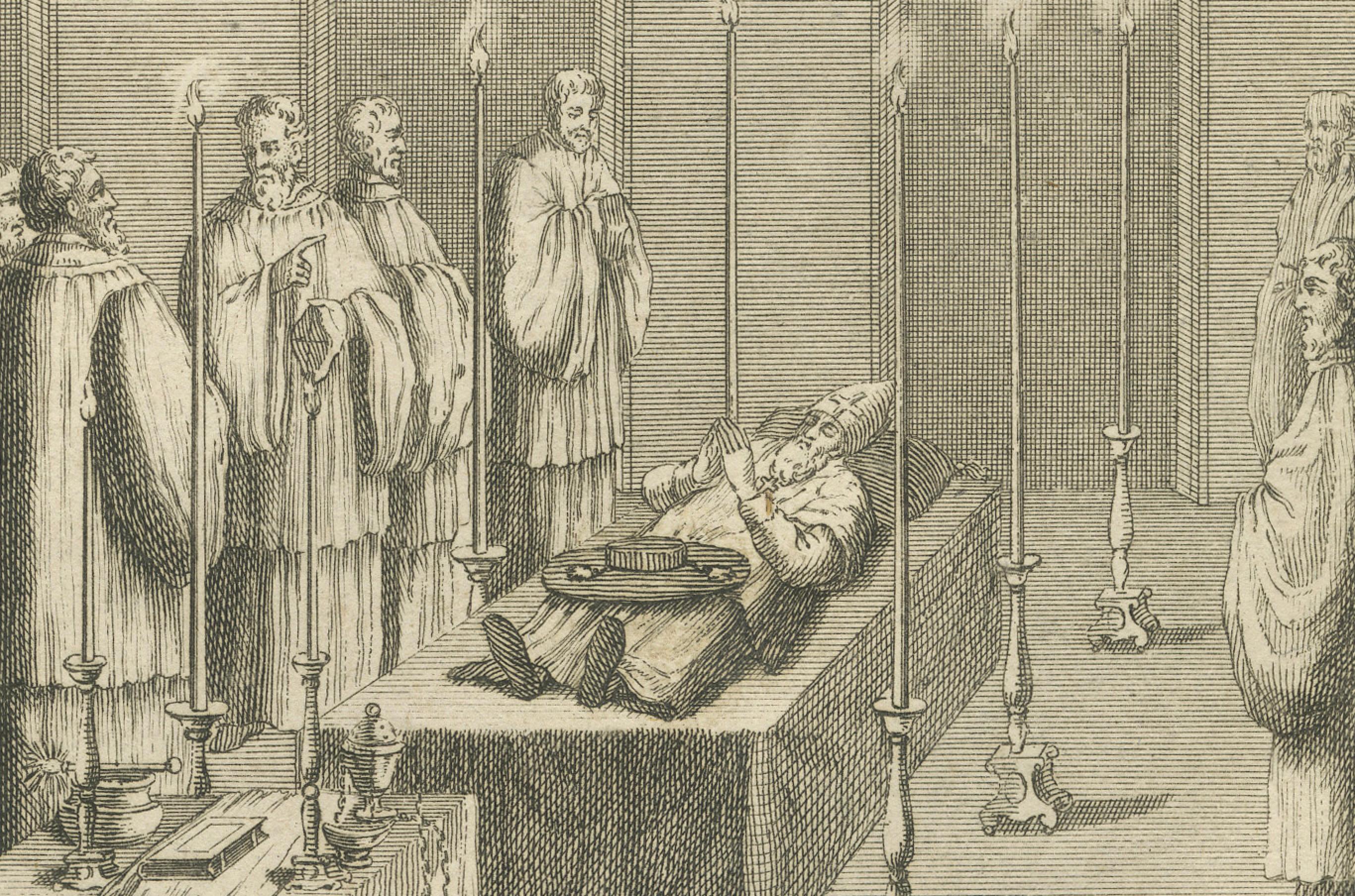 Katholische bischöfliche Riten - Seltener Stich von 1734 zu den zeremoniellen Pflichten des Bischofs (Graviert) im Angebot