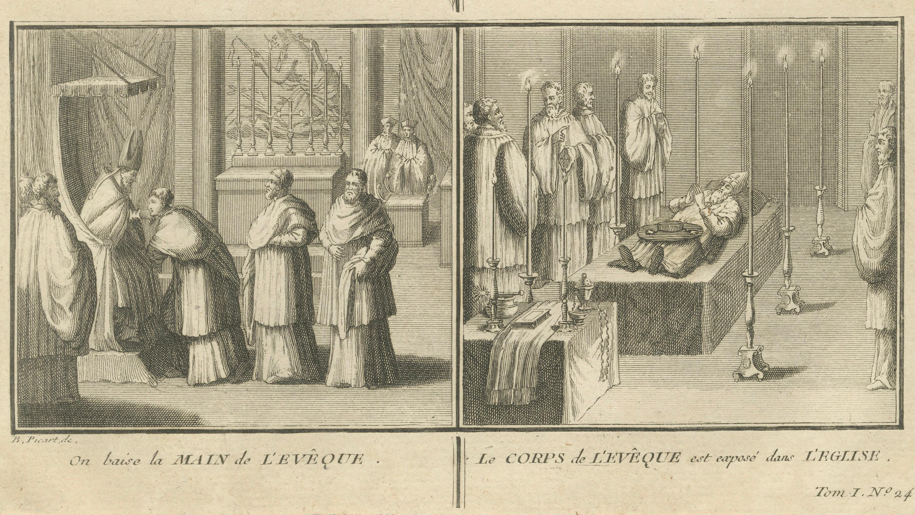 Katholische bischöfliche Riten - Seltener Stich von 1734 zu den zeremoniellen Pflichten des Bischofs im Zustand „Gut“ im Angebot in Langweer, NL
