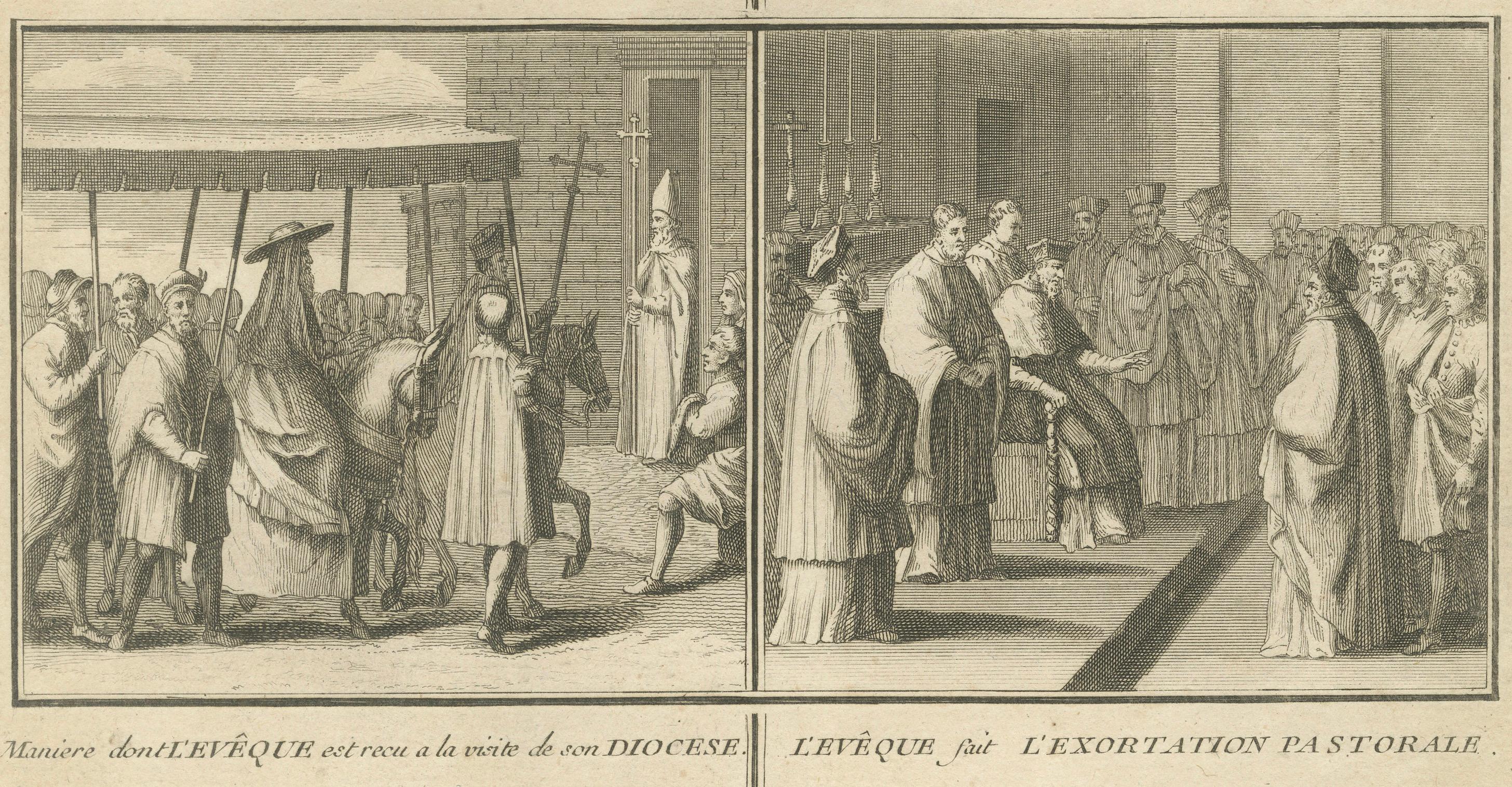 Katholische bischöfliche Riten - Seltener Stich von 1734 zu den zeremoniellen Pflichten des Bischofs (Mitte des 18. Jahrhunderts) im Angebot