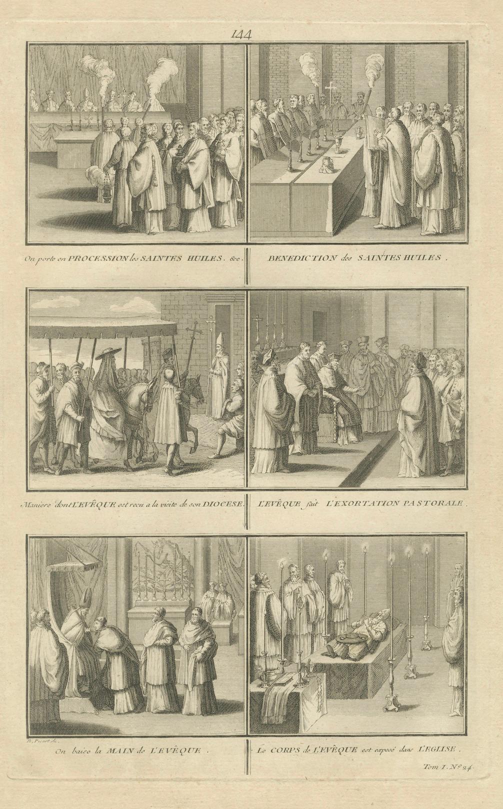 Katholische bischöfliche Riten - Seltener Stich von 1734 zu den zeremoniellen Pflichten des Bischofs im Angebot 1