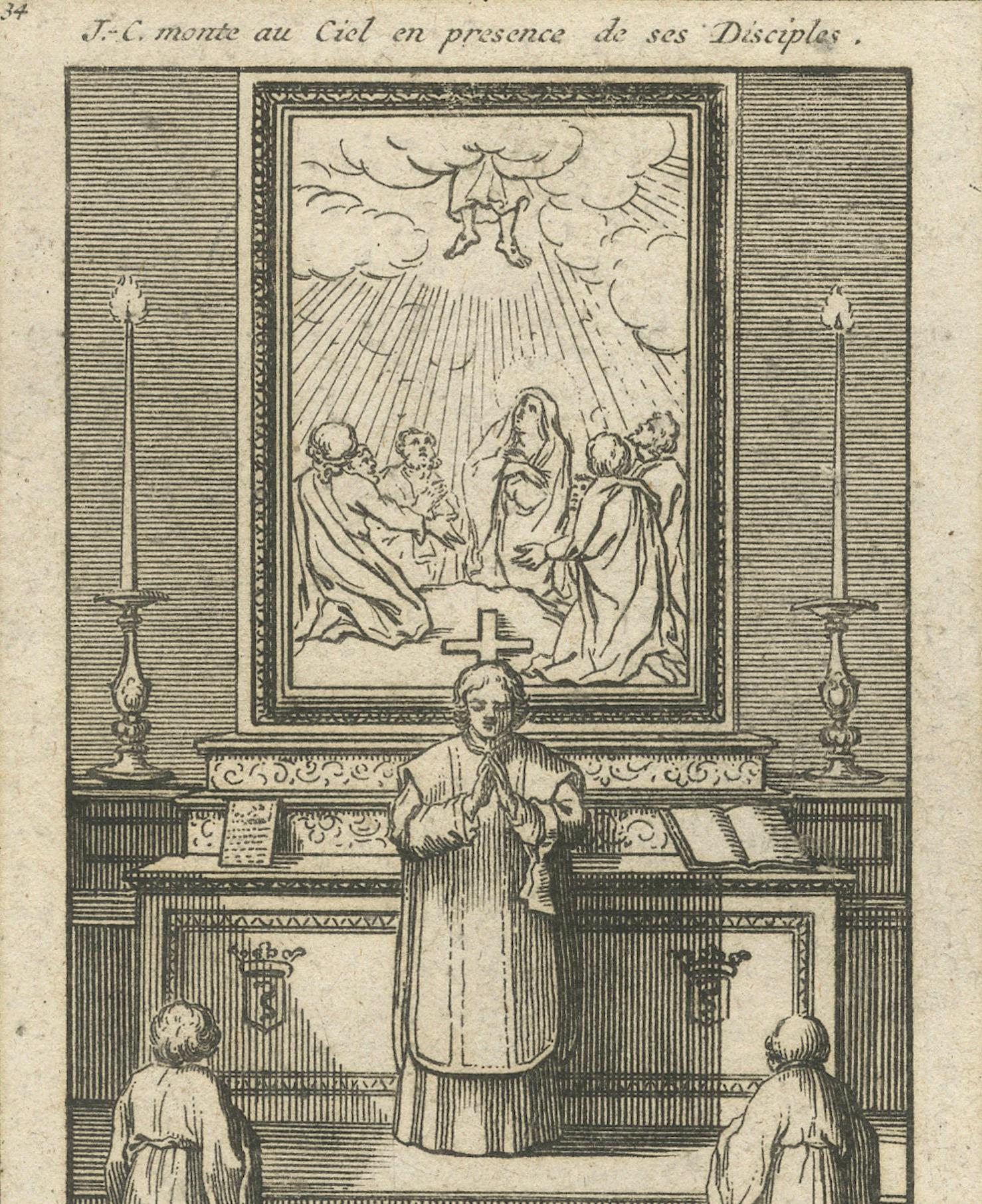 Titel: Katholische Messeszenen in zwölf Etappen - Seltener religiöser Kupferstich von 1734

Beschreibung:
Dieser aufwändige Kupferstich, der 1734 als Teil von *The Ceremonies and Religious Customs of Various Nations of the Known World*