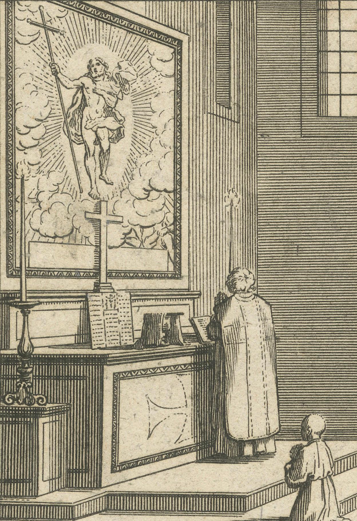 Katholische Messeszenen in zwölf Etappen - Seltener religiöser Kupferstich von 1734 (Graviert) im Angebot