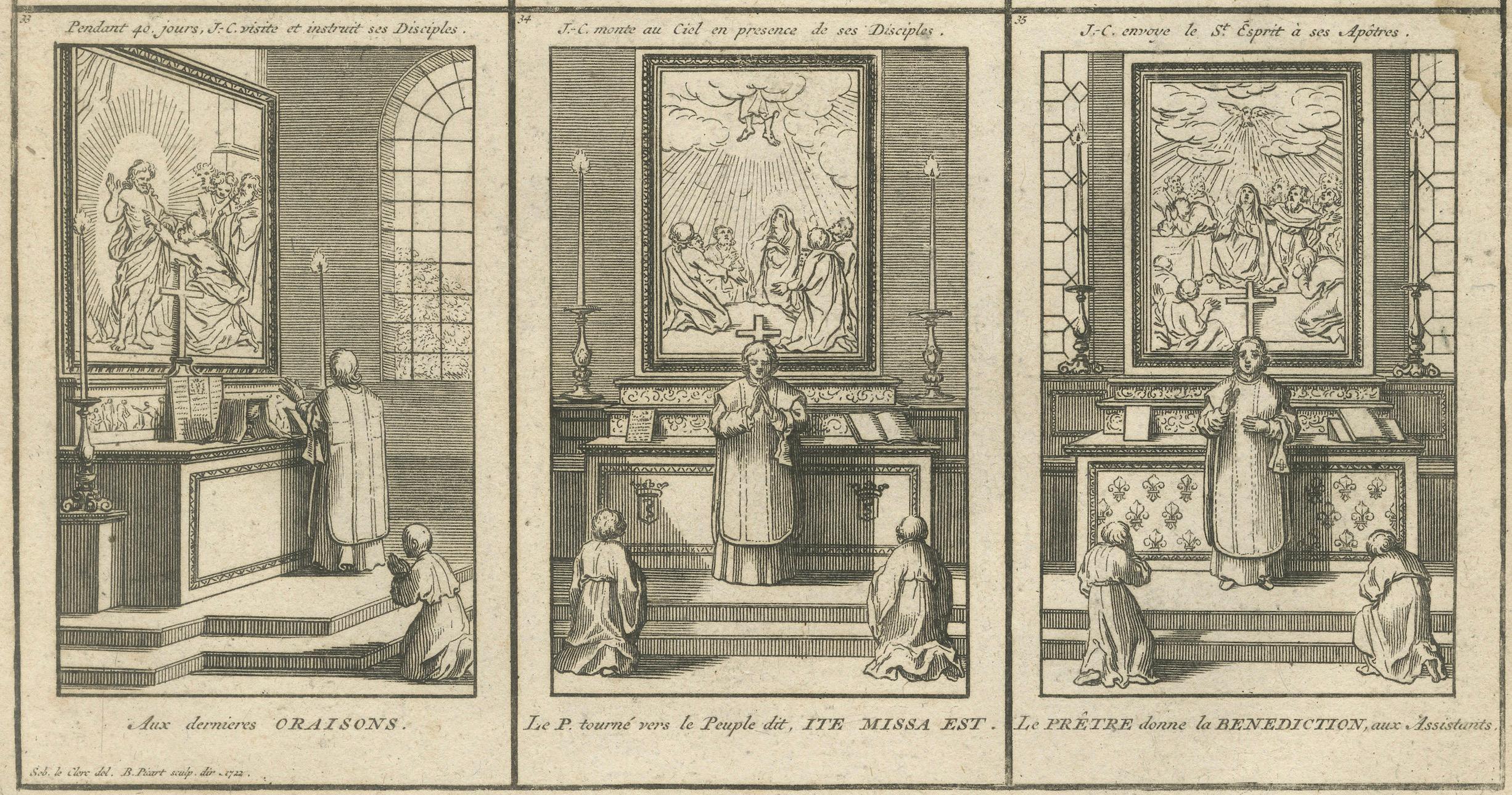 Katholische Messeszenen in zwölf Etappen - Seltener religiöser Kupferstich von 1734 im Zustand „Relativ gut“ im Angebot in Langweer, NL