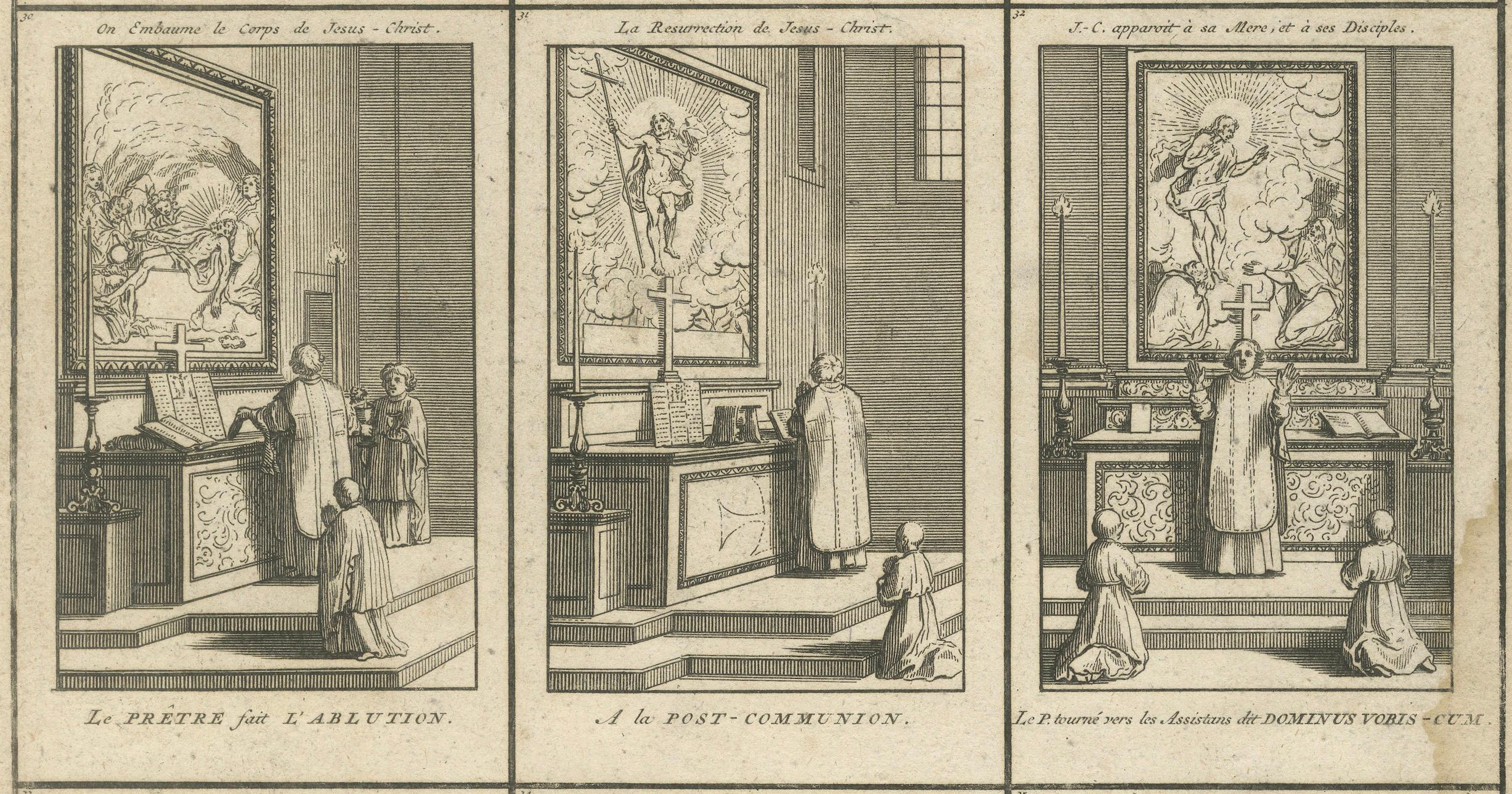 Katholische Messeszenen in zwölf Etappen - Seltener religiöser Kupferstich von 1734 (Mitte des 18. Jahrhunderts) im Angebot