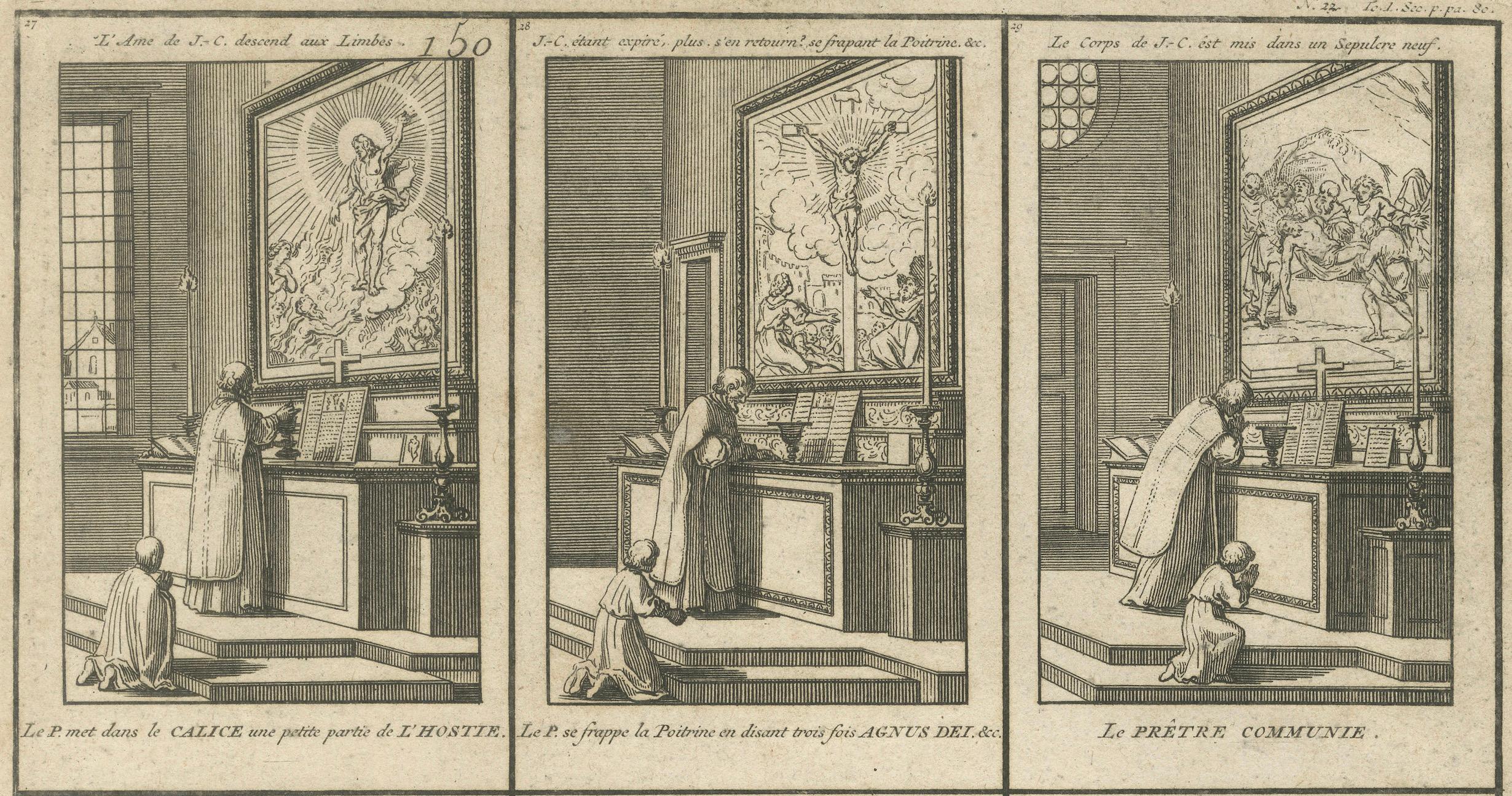 Katholische Messeszenen in zwölf Etappen - Seltener religiöser Kupferstich von 1734 (Papier) im Angebot