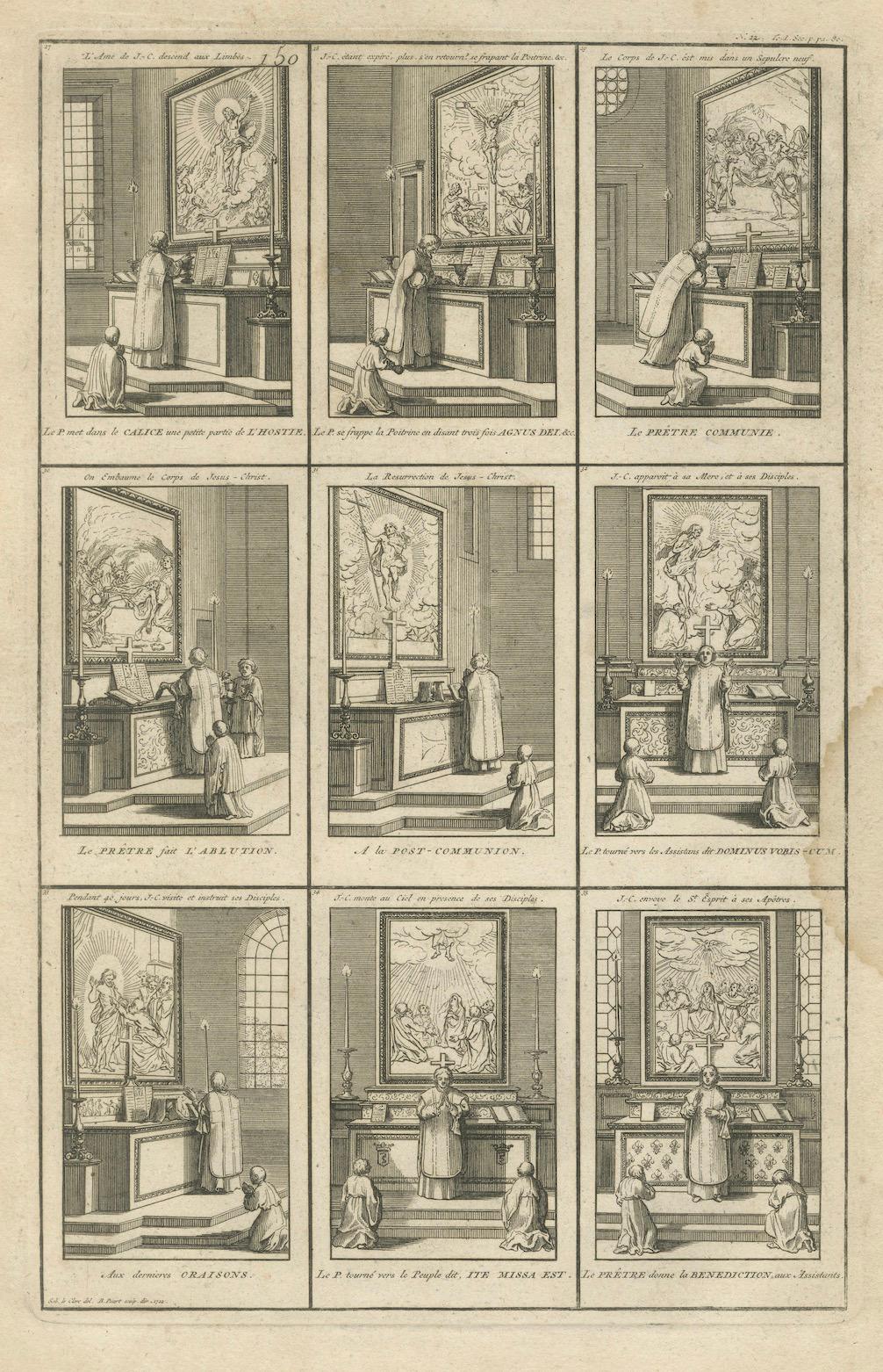 Katholische Messeszenen in zwölf Etappen - Seltener religiöser Kupferstich von 1734 im Angebot 1