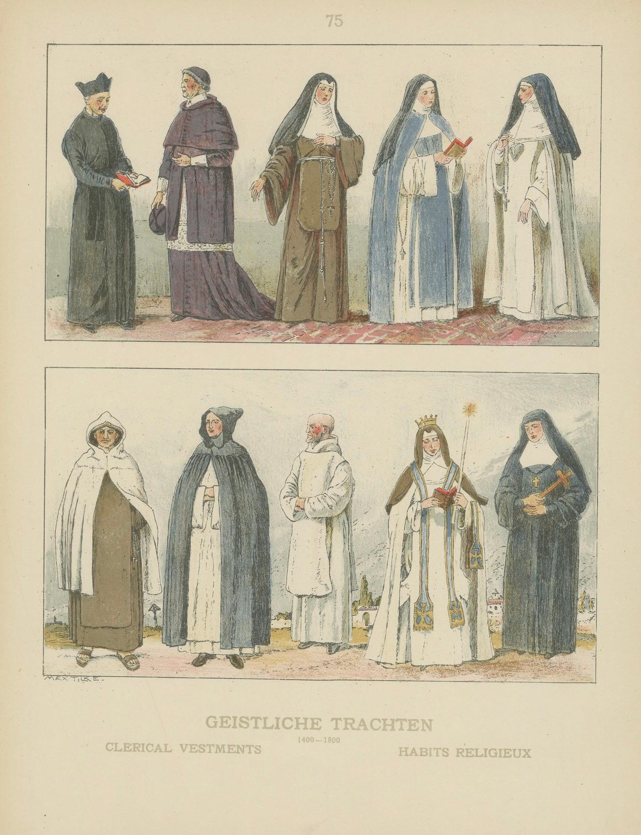 Katholische religiöse Kostümstudie, handkolorierter Druck, veröffentlicht ca.1880 (Deutsch) im Angebot