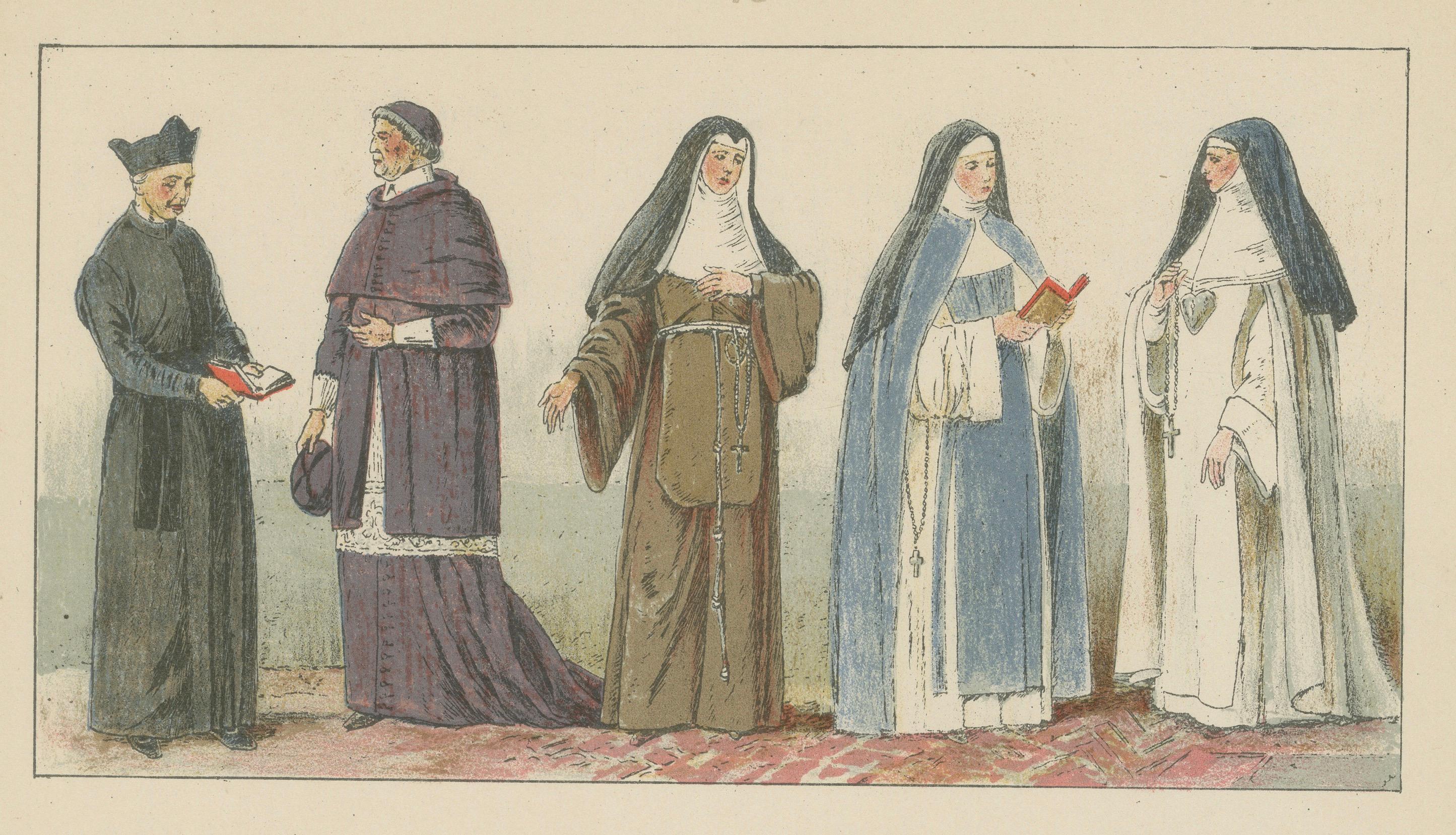 Katholische religiöse Kostümstudie, handkolorierter Druck, veröffentlicht ca.1880 im Zustand „Gut“ im Angebot in Langweer, NL