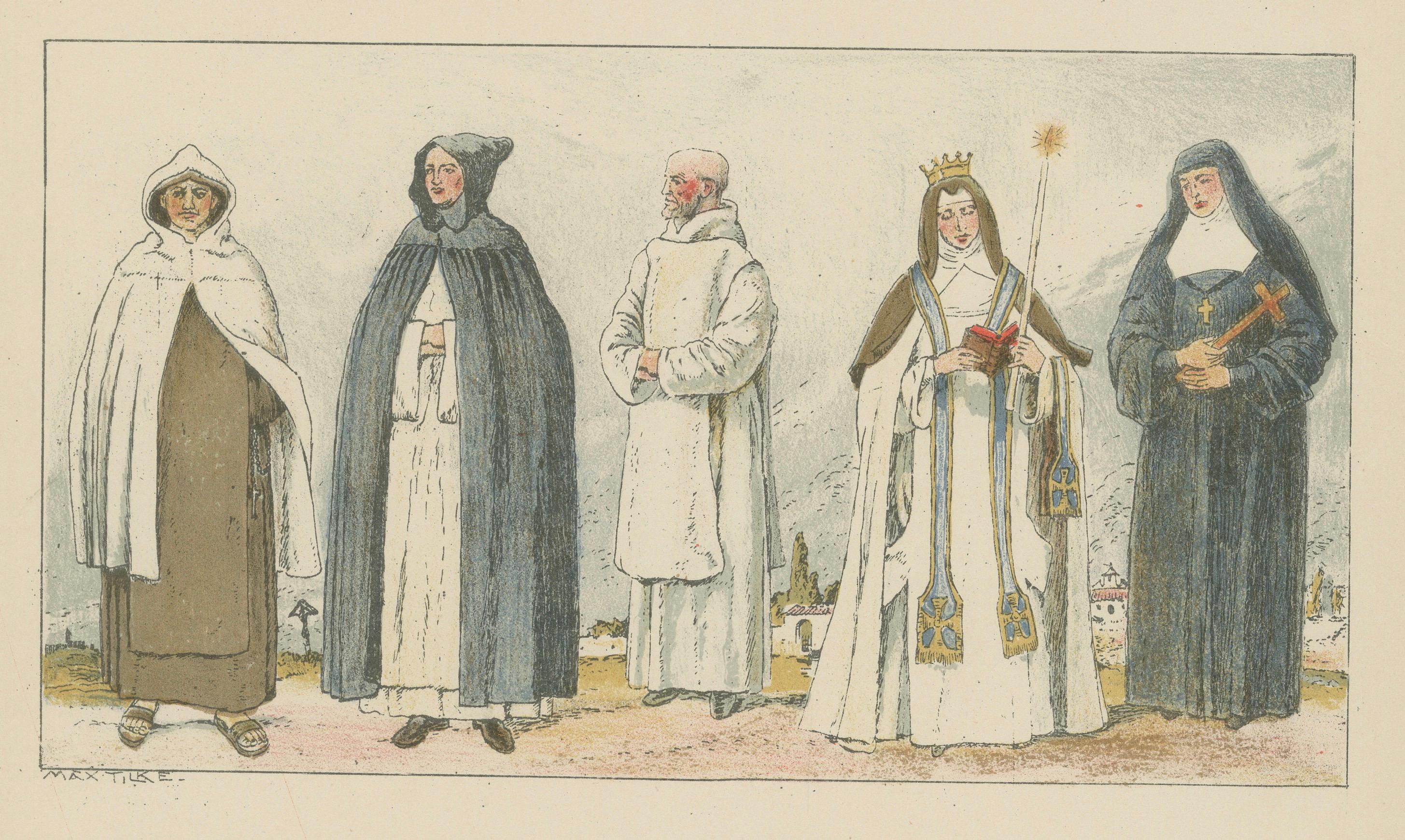 Katholische religiöse Kostümstudie, handkolorierter Druck, veröffentlicht ca.1880 (Spätes 19. Jahrhundert) im Angebot