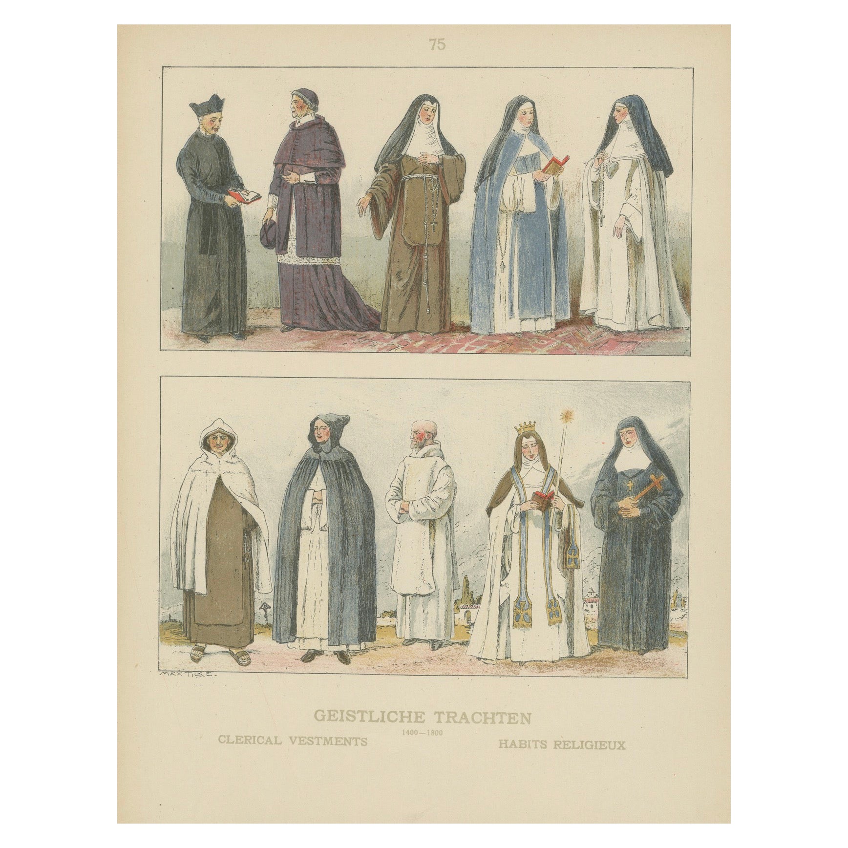 Katholische religiöse Kostümstudie, handkolorierter Druck, veröffentlicht ca.1880