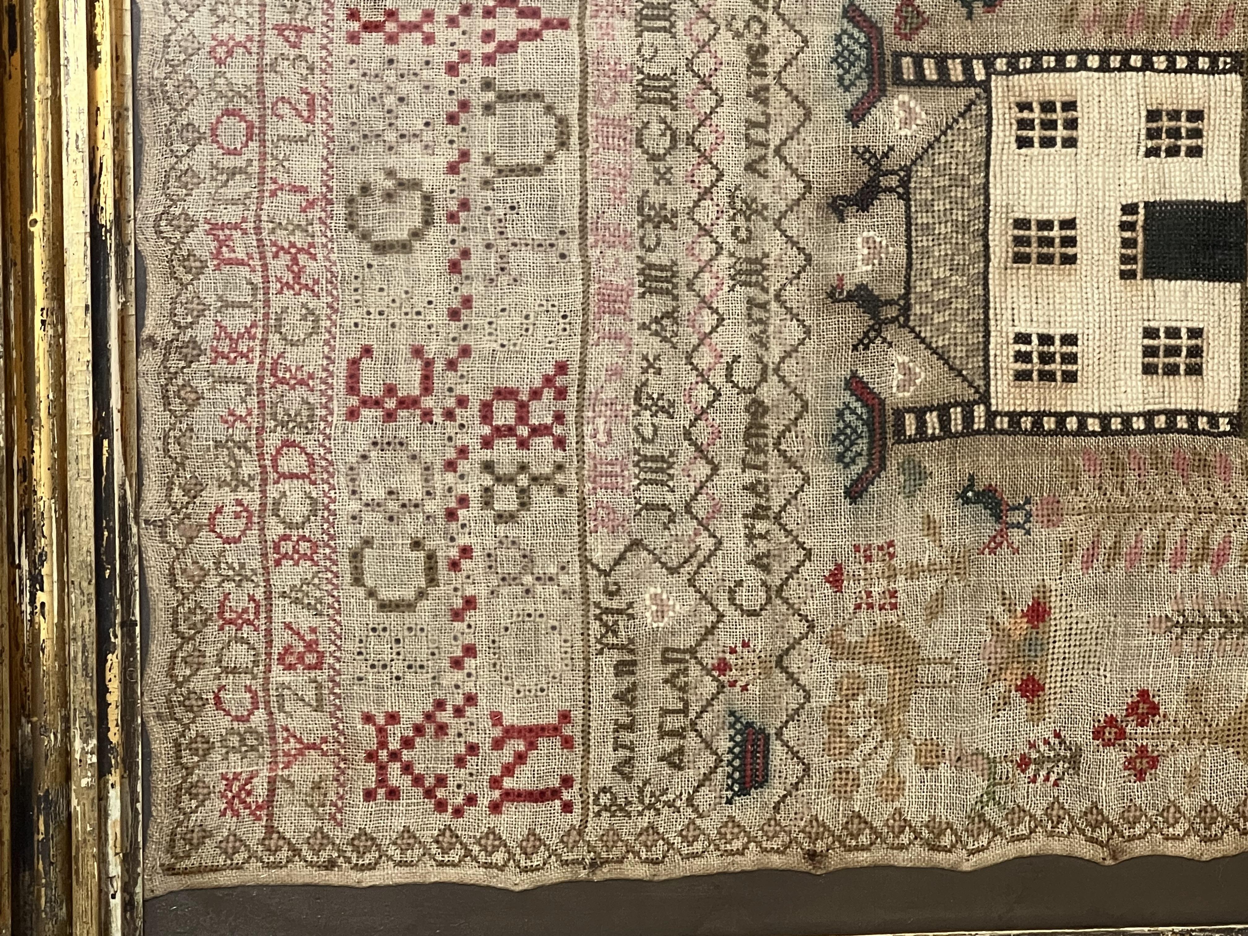Catharine Carr McFarlan made this at the age of 13 or 14. She is listed in Scottish records as born about 1822 and living with her mother Agness in 1861. This schoolgirl sampler features multiple stiches, alphabets, numbers, birds, a picture of a