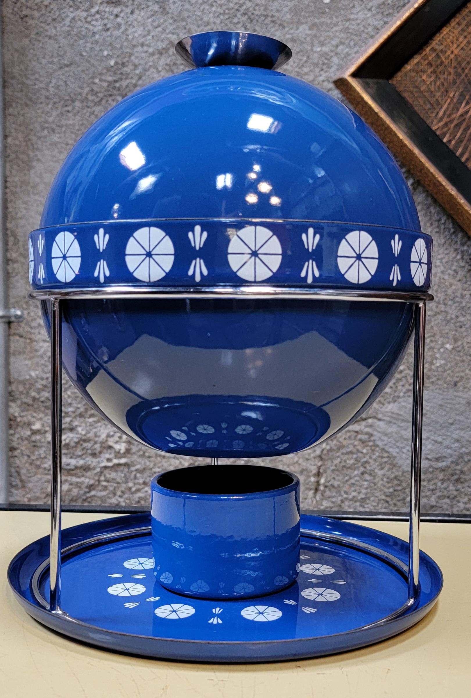 Striking blue and white enameled steel fondue pot by Catherineholm of Norway. Circa. 1960's. Exceptional condition. Complete set including under-plate and sterno cup.
