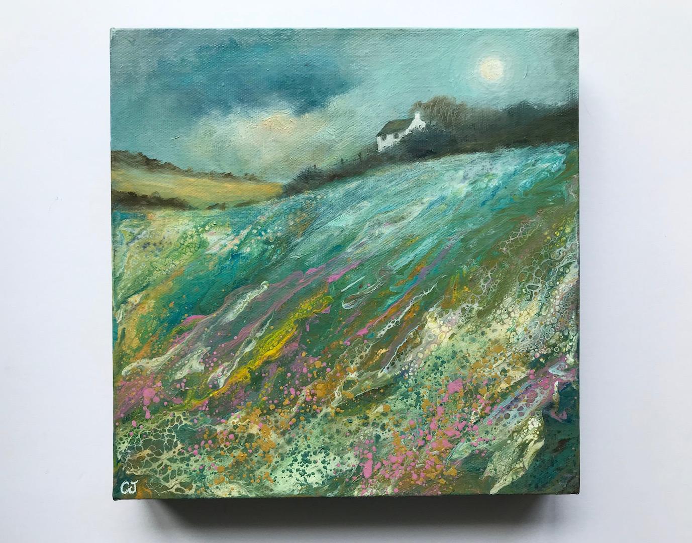 Cathryn Jeff, Pastel Meadow, peinture originale en techniques mixtes, peinture de paysage en vente 1