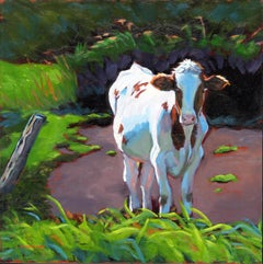 "Blue Moo Too, " signed oil on board pastoral landscape with cow