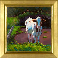 "Blue Moo Too, " signed oil on board pastoral landscape with cow 
