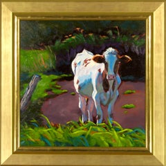"Blue Moo Too, " signed oil on board pastoral landscape with cow