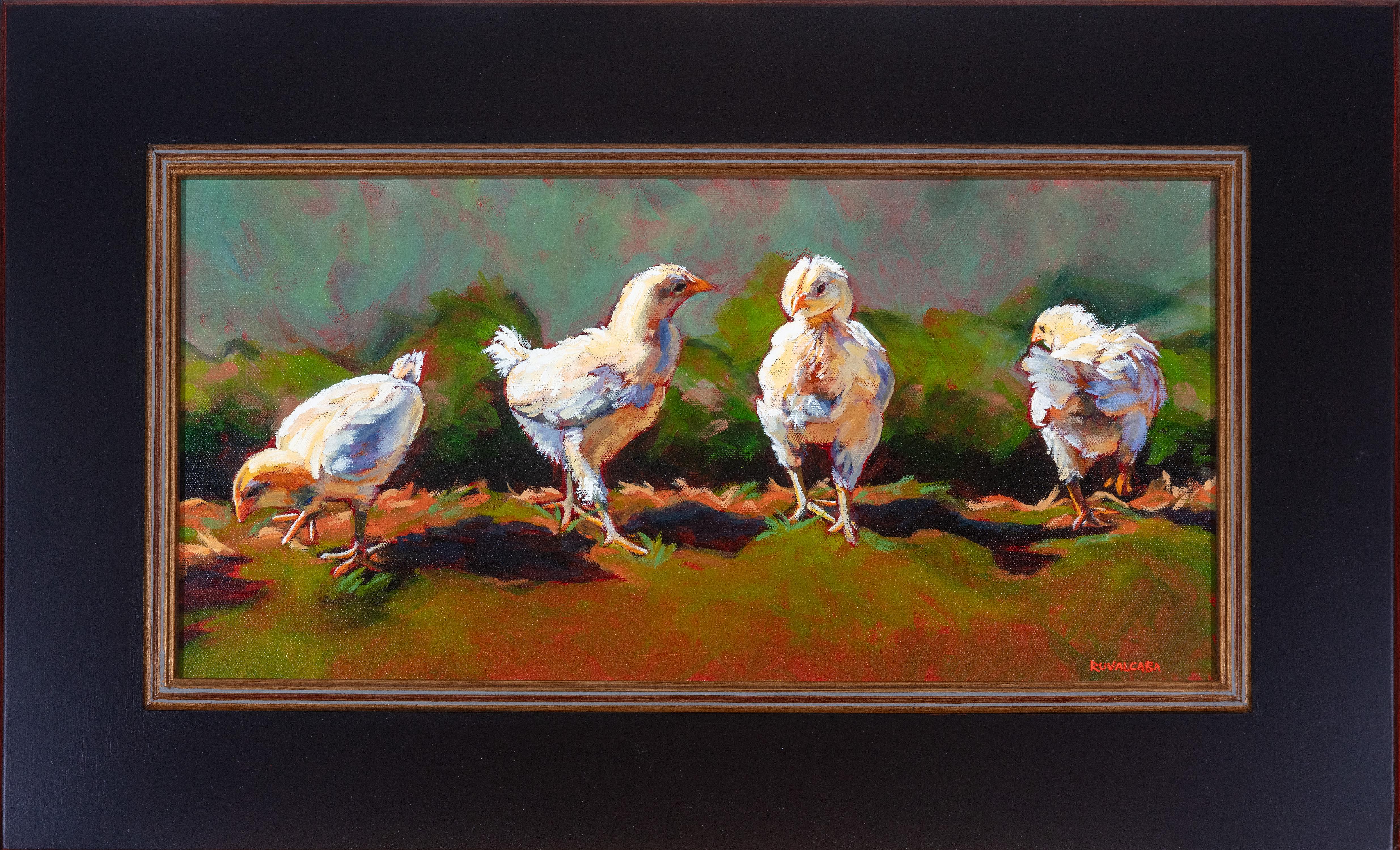 Cathryn Ruvalcaba Animal Painting - "Chick Chat" realism high realism oil animals signed by Cathryn  Ruvalcaba