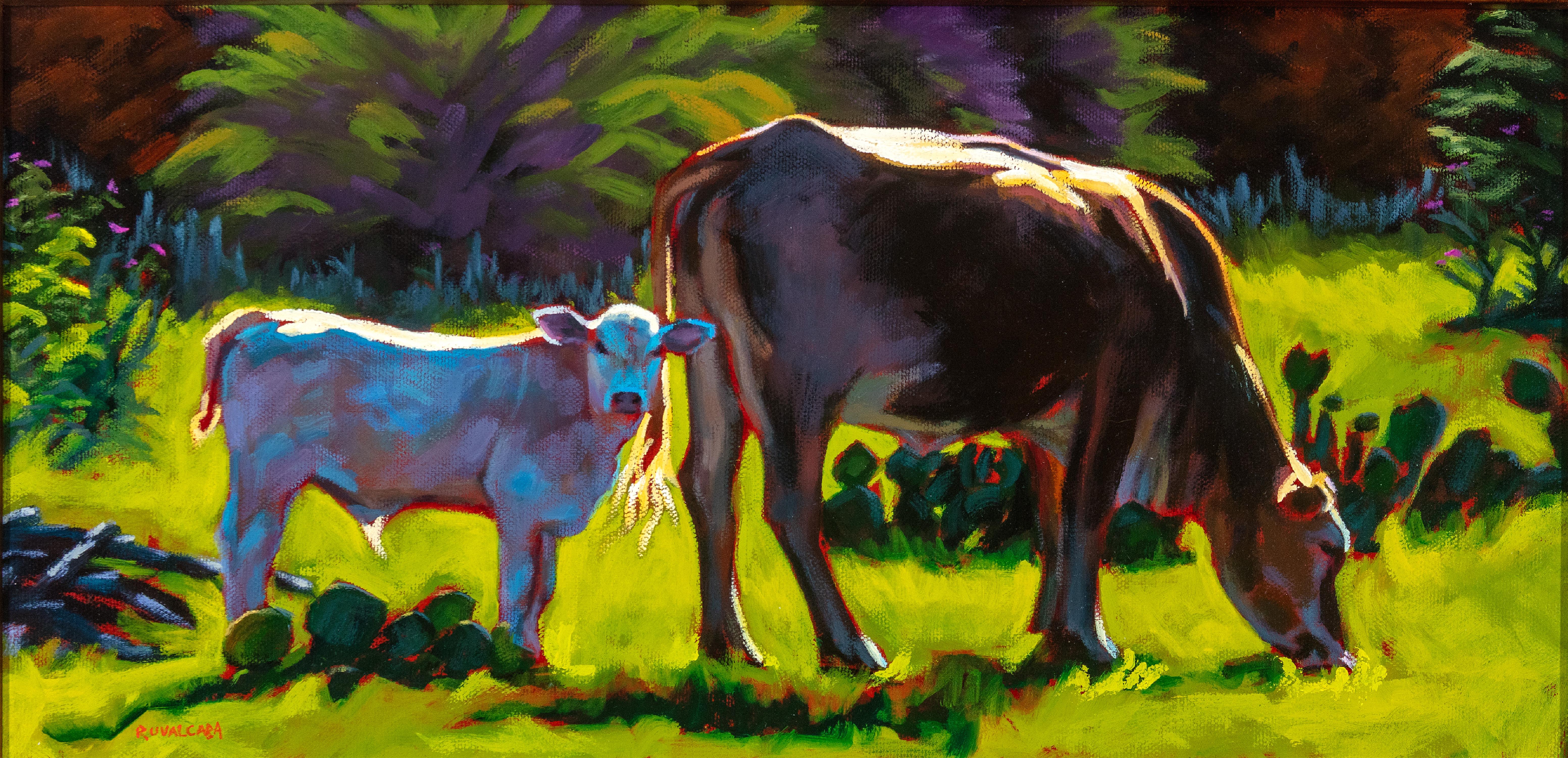 « Safe with Mama II », réalisme haut de gamme, ferme d'animaux, vaches, mère en extérieur, ferme - Painting de Cathryn Ruvalcaba