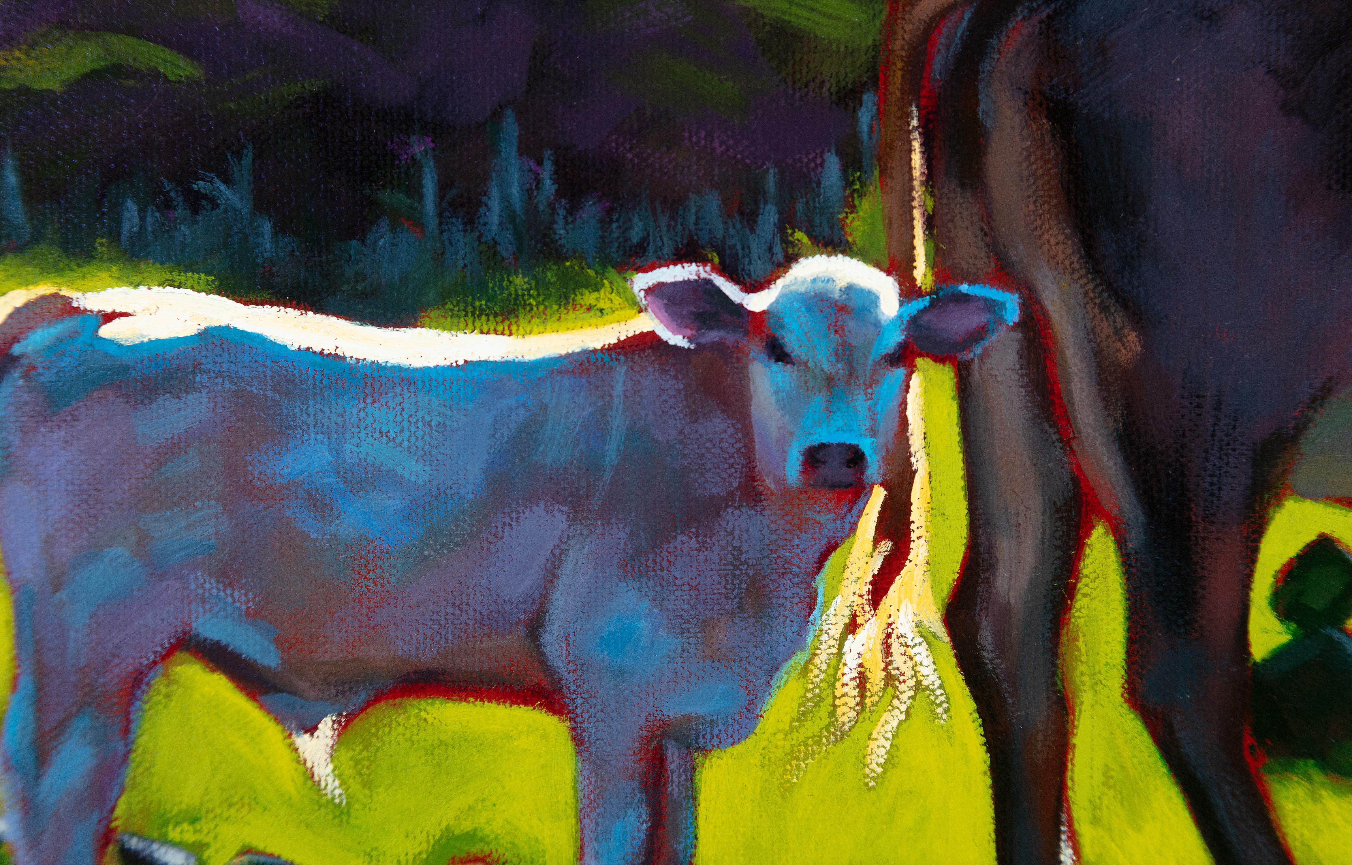 « Safe with Mama II », réalisme haut de gamme, ferme d'animaux, vaches, mère en extérieur, ferme - Réalisme Painting par Cathryn Ruvalcaba