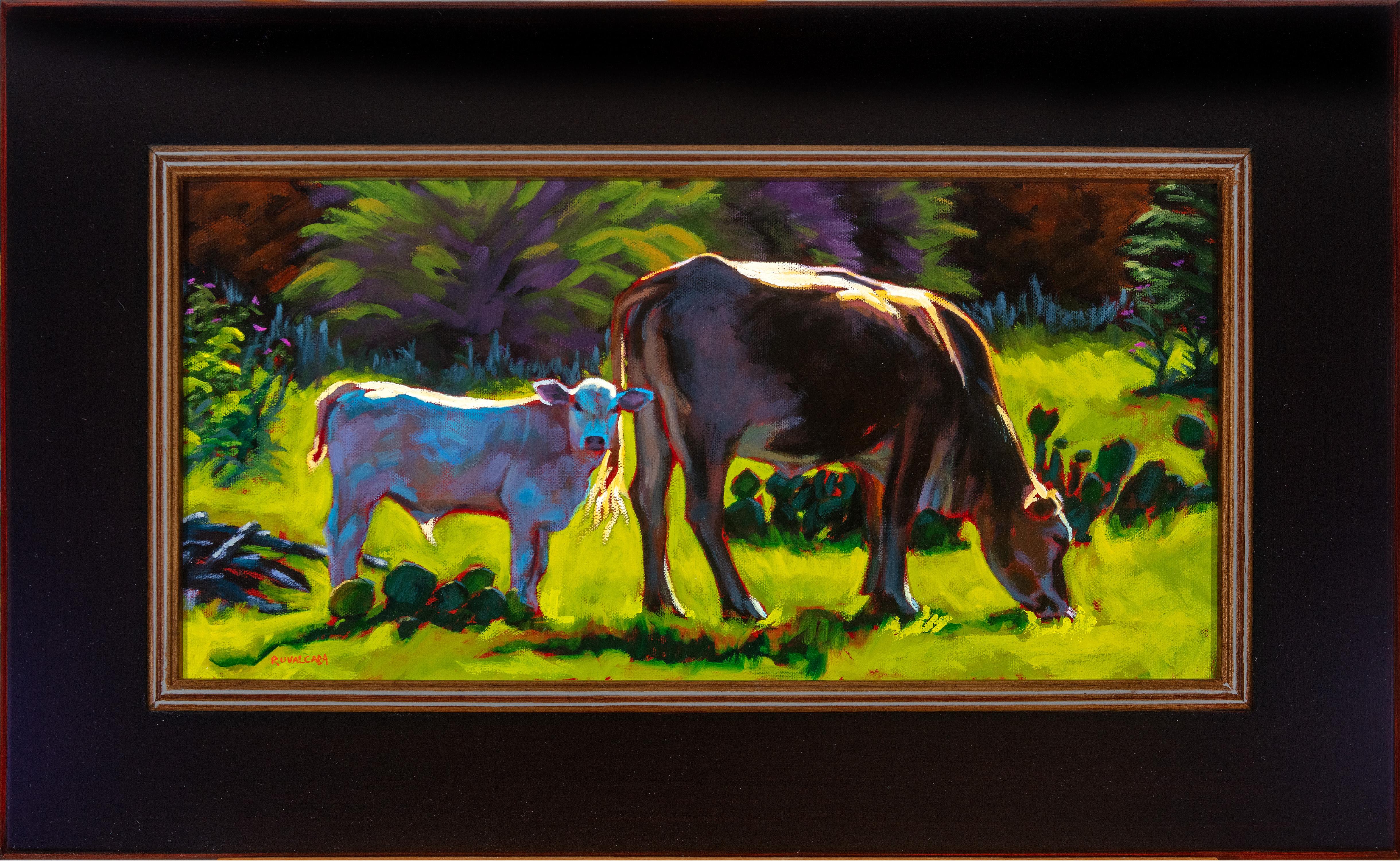 Animal Painting Cathryn Ruvalcaba - « Safe with Mama II », réalisme haut de gamme, ferme d'animaux, vaches, mère en extérieur, ferme