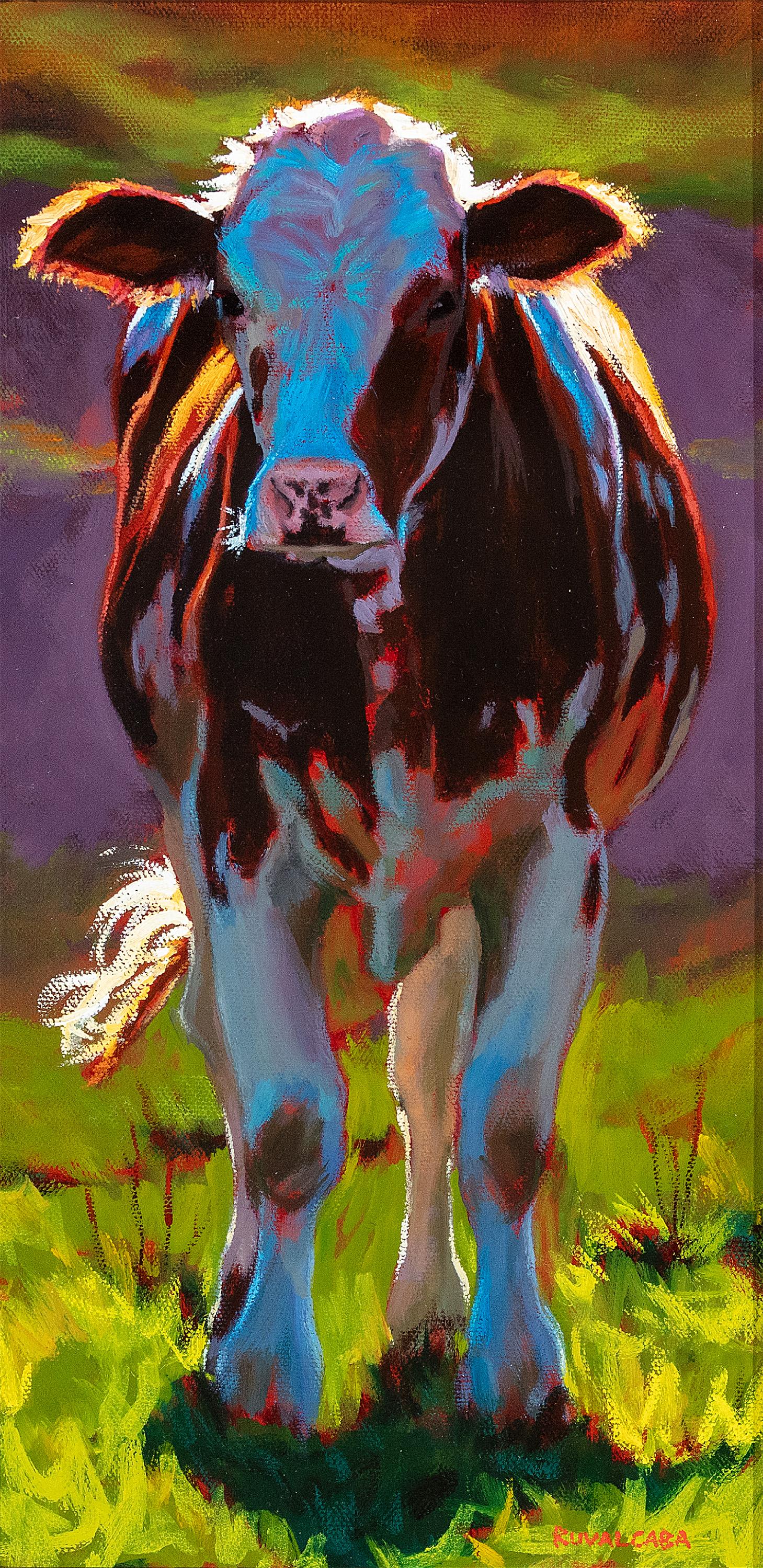 „Sunshine“ Realismus, hoher Realismus, Tiere, Kuh, Sonnenschein, Bauernland im Freien – Painting von Cathryn Ruvalcaba