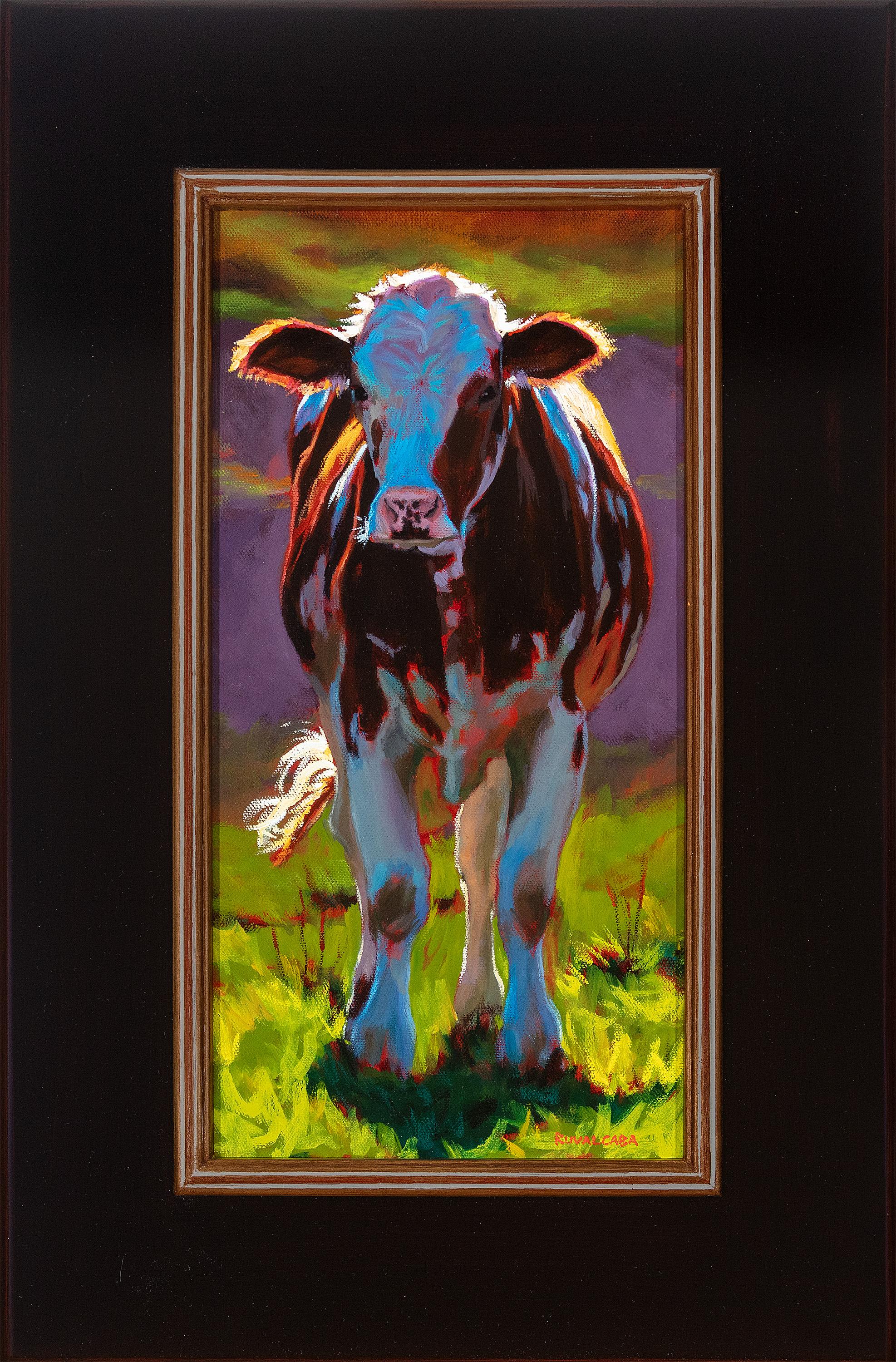 Cathryn Ruvalcaba Animal Painting – „Sunshine“ Realismus, hoher Realismus, Tiere, Kuh, Sonnenschein, Bauernland im Freien