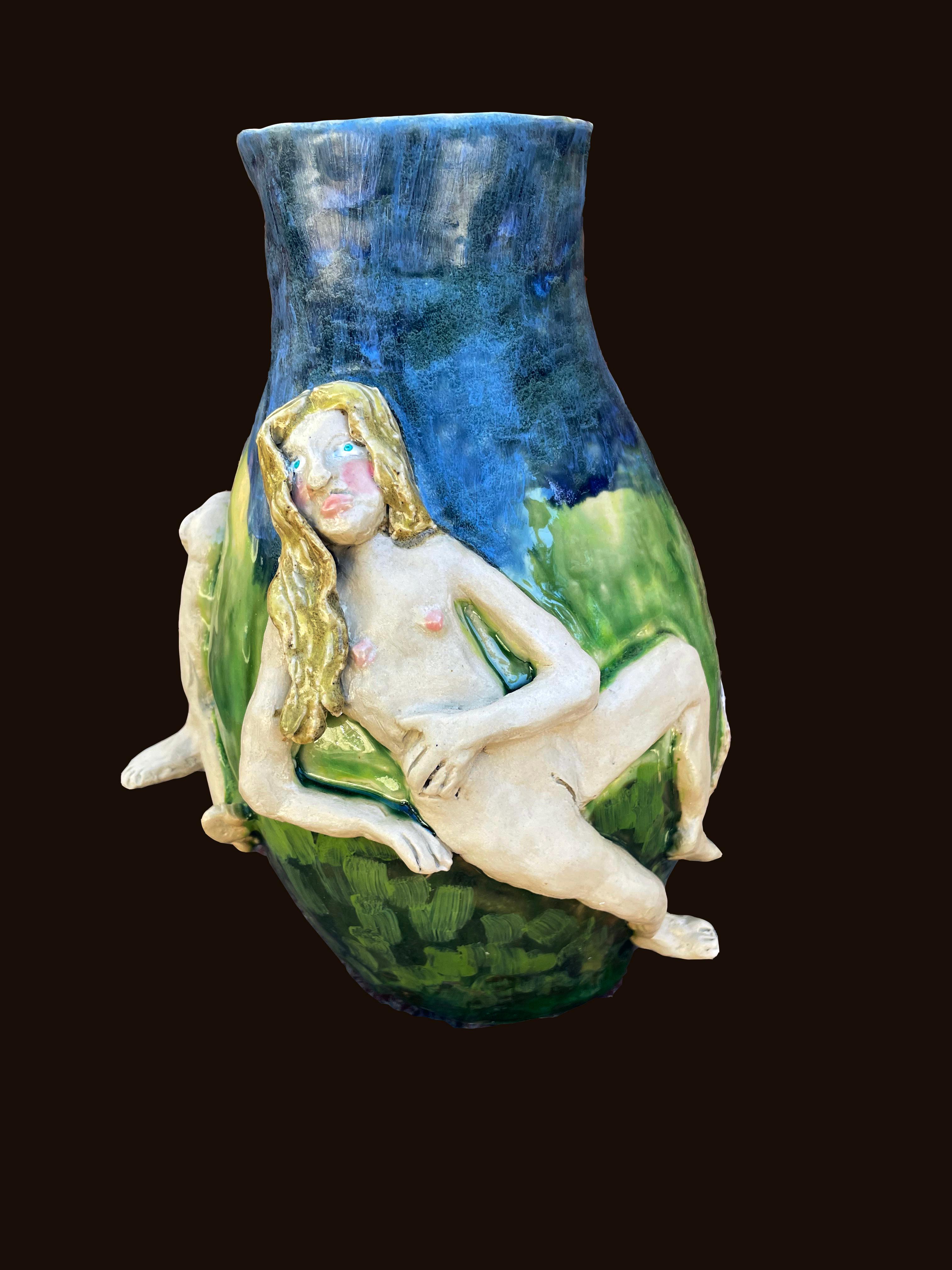'Adolescence, ' Stoneware, glaze, acrylic paint, epoxy putty, sculpture - Sculpture by Cathy Akers