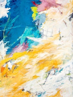 "Broken Clouds" Colorful Abstract Expressionist Ptg. Blue Yellow Lavender White 