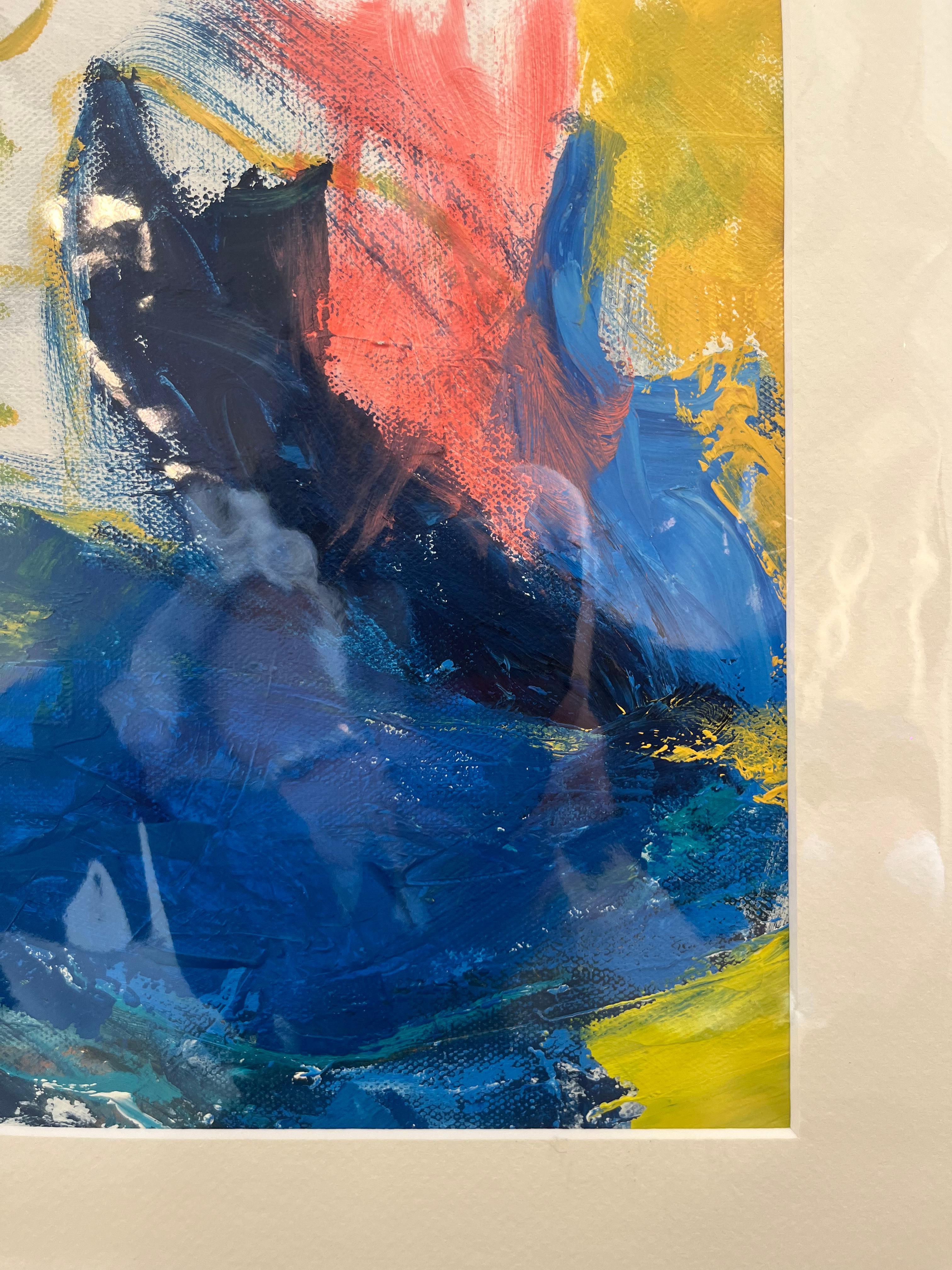 Expression gestuelle « Calligraphy » en bleu, rose, jaune et blanc - Gris Abstract Painting par Cathy Bennigson