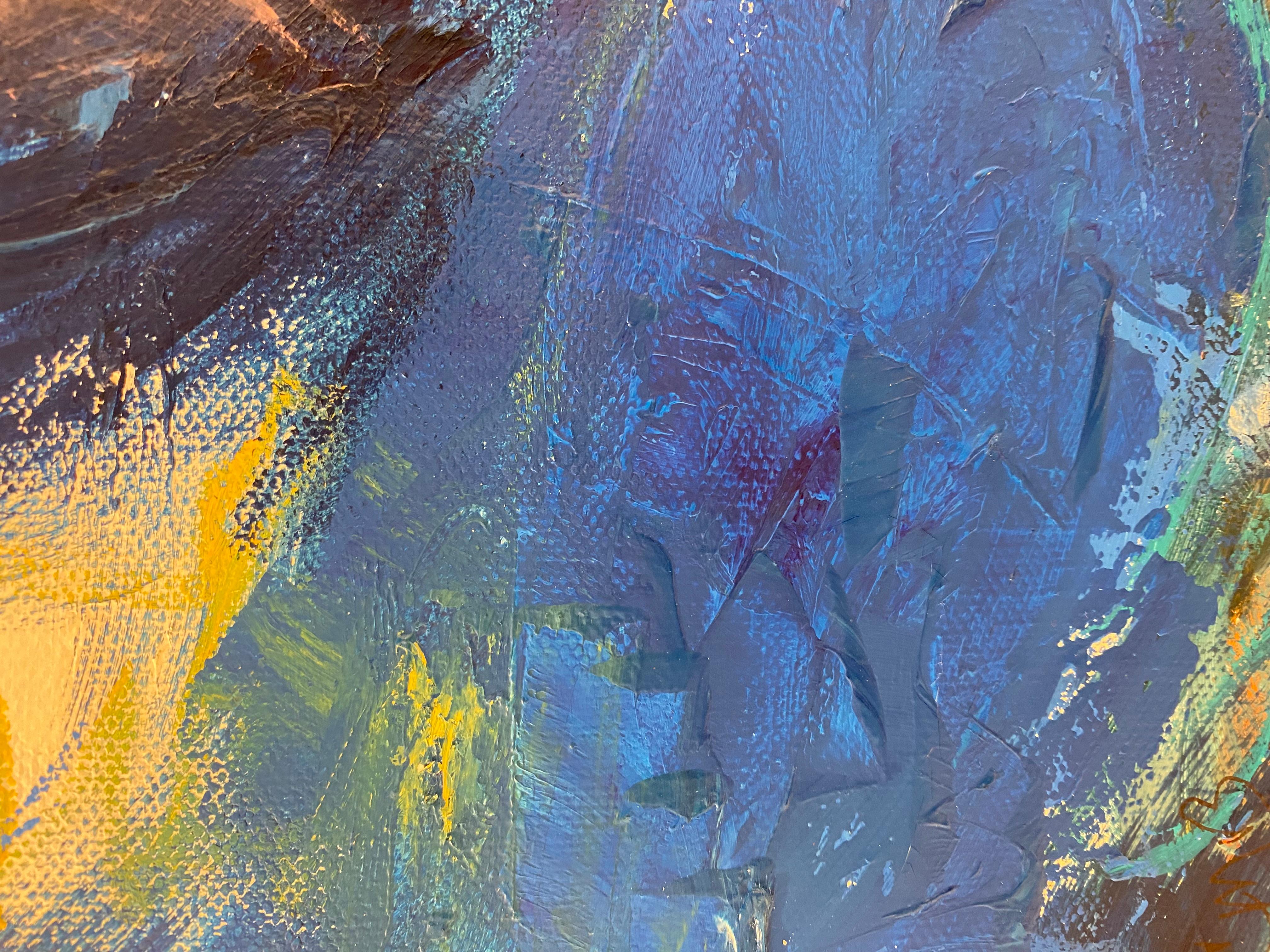 Expression gestuelle « Calligraphy » en bleu, rose, jaune et blanc - Gris Abstract Painting par Cathy Bennigson