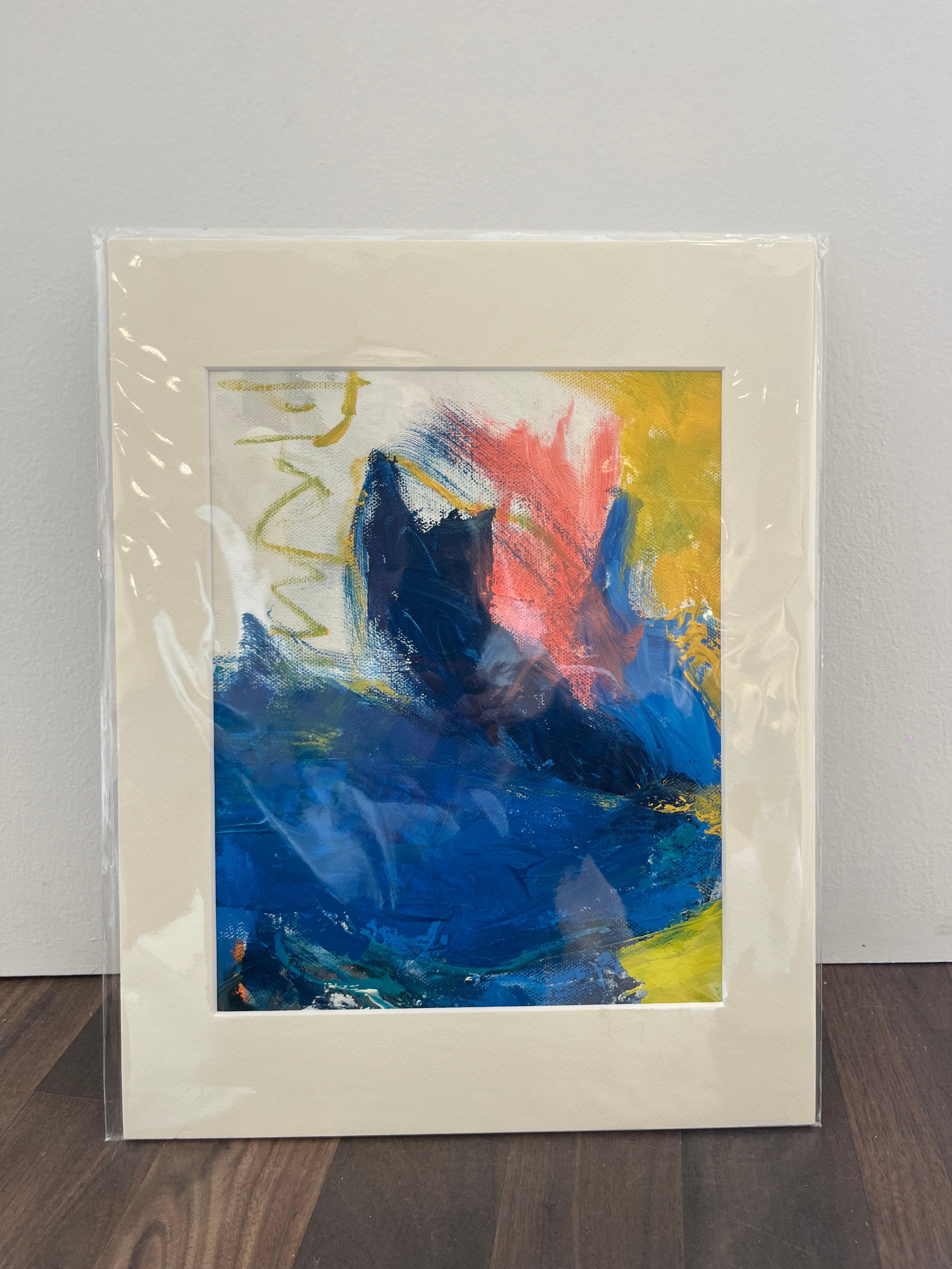 Abstract Painting Cathy Bennigson - Expression gestuelle « Calligraphy » en bleu, rose, jaune et blanc